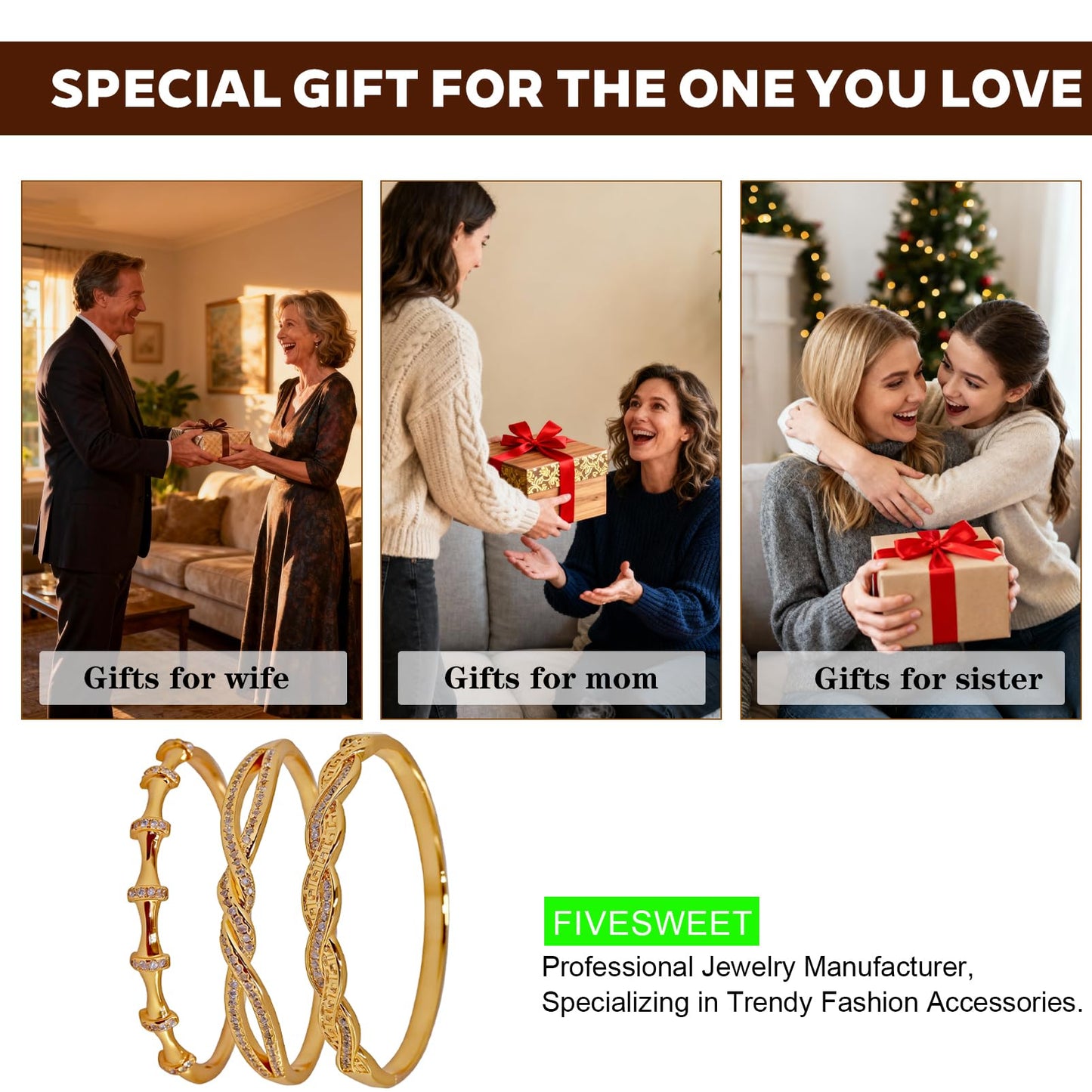 FIVESWEET 3PCS Gold Bangle Bracelet Set for Women, Copper Inlaid with 3A Zircon, Stackable Trendy Jewelry, 2.4 Inch, Great Gift for Her Girlfriend Wife Mom Sister Lover on Birthday Christmas Valentine's Day Mother's Day (Bamboo Joint & Twisted Rope)