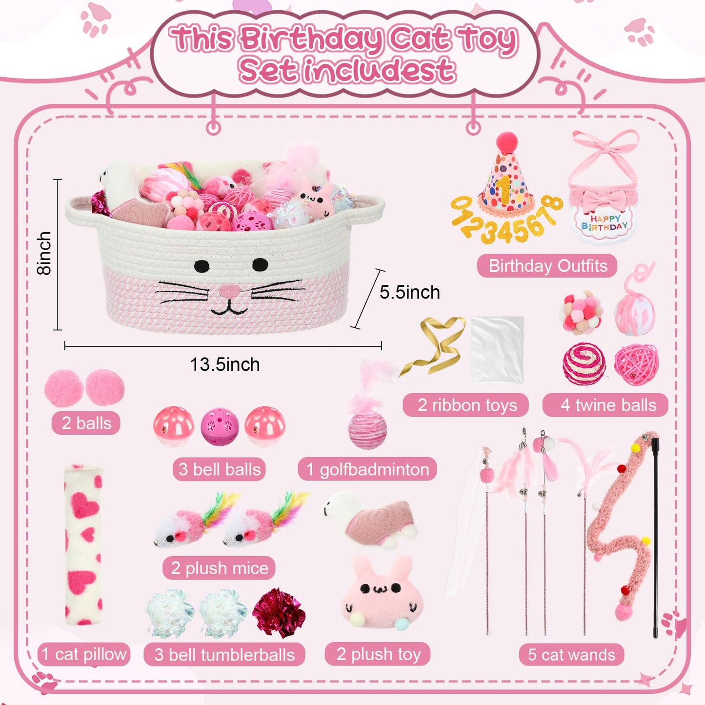 Zopeal Mother’s Day Cat Toy Set Interactive Cat Toys Pack Including Feather Teaser Wand Plush Gift Outfit Mice Crinkle Balls and Pet Bell Balls, Puzzle for Indoor Cats Gift Basket for Kitten(Pink)