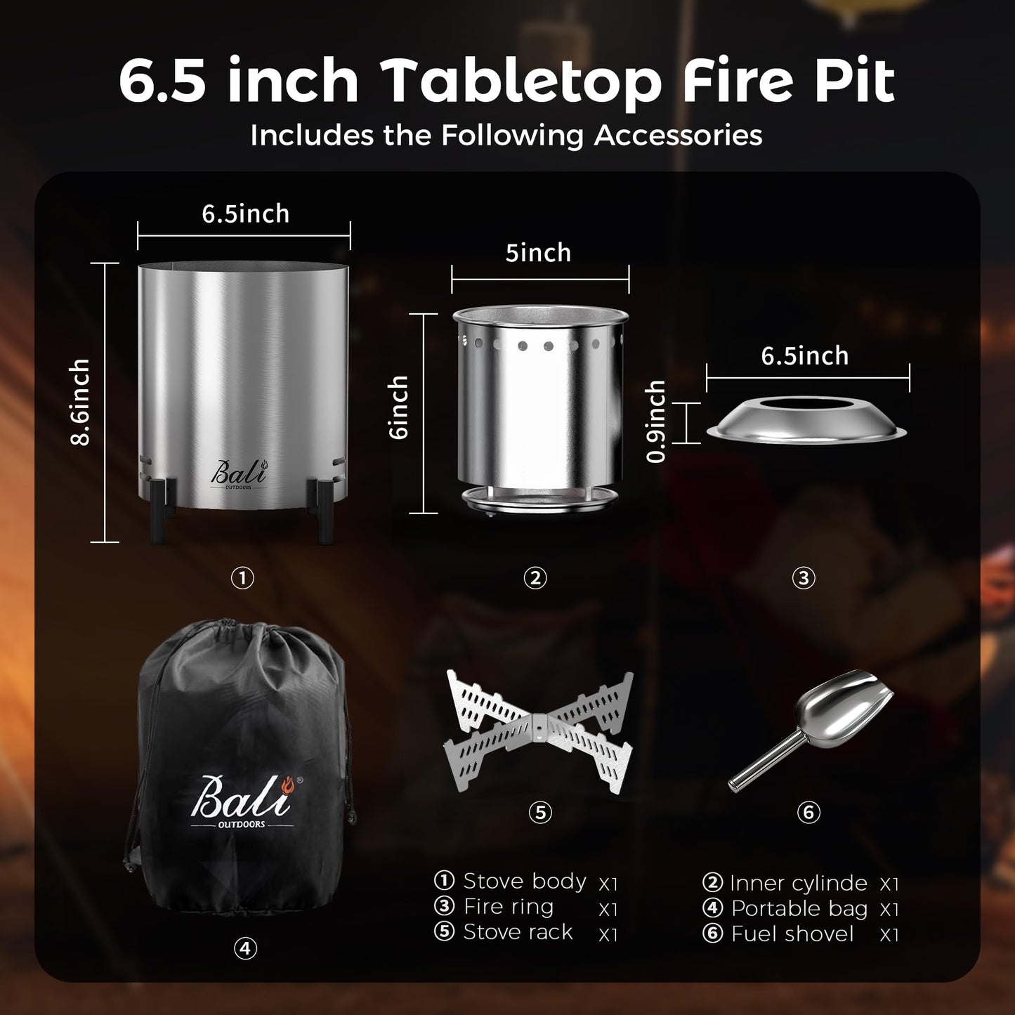 BALI OUTDOORS 6.5 inch Tabletop Fire Pit Round, Stainless Steel Table Top Firepit Small, Outdoor Smokeless Firepit Portable, Silvery