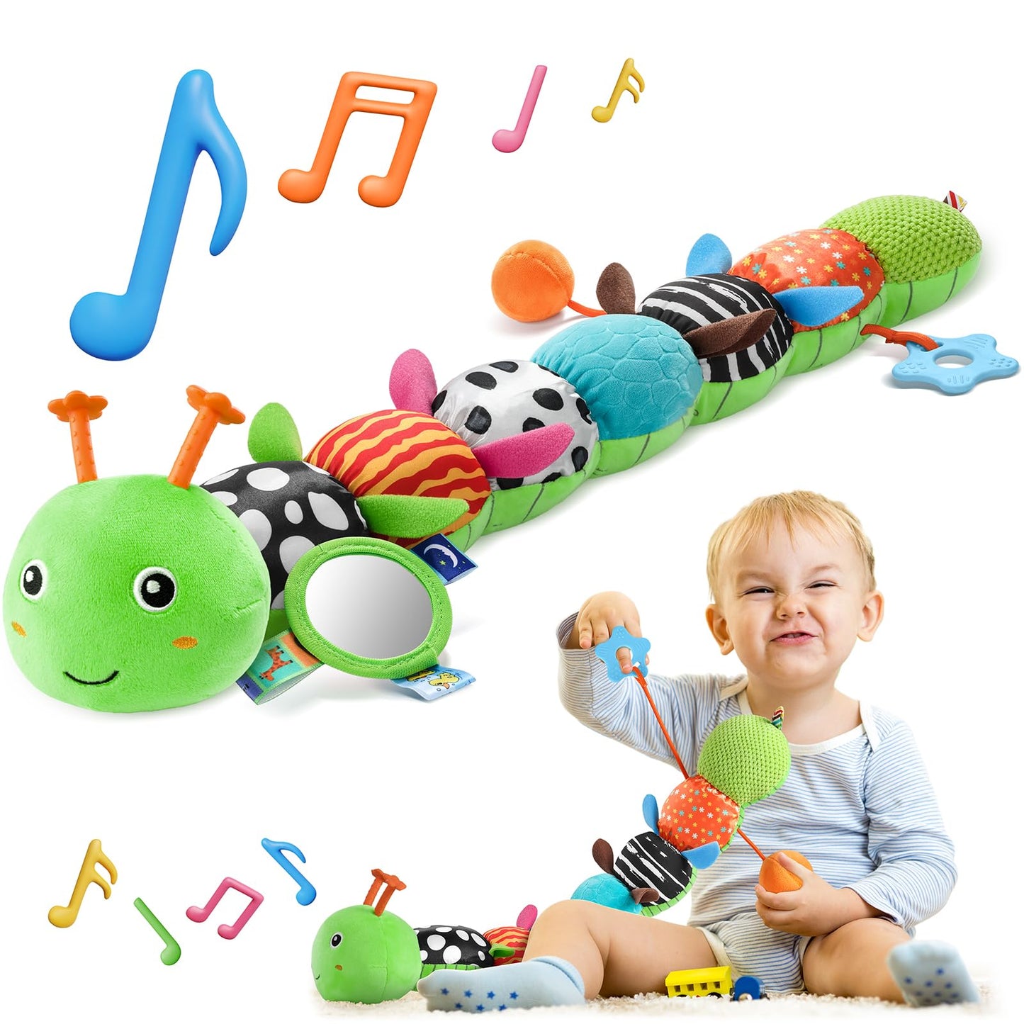 HEMRLY Baby Sensory Toy 0-6 Months, Musical Stuffed Caterpillar Plush with Teether, Crinkle, Rattle, Baby Mirror for Tummy Time, Infant Car Seat Toy for 0-3-6-12 Month Boys Girls Gifts - Winged Green