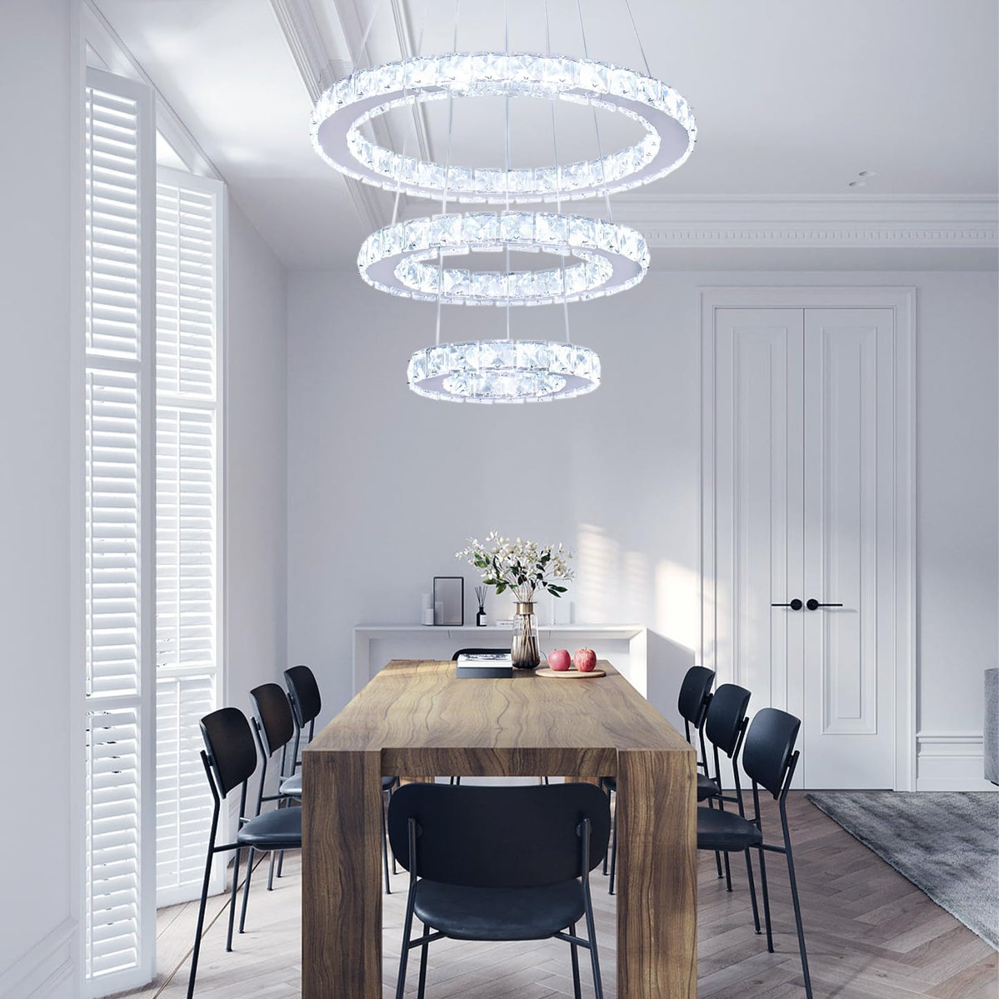 xychfantligh Modern 3 Ring Round Crystal Chandelier Adjustable Stainless Steel Pendant Lighting LED Crystal Ceiling Light Fixture for Living Room Dining Room Bedroom Cool White