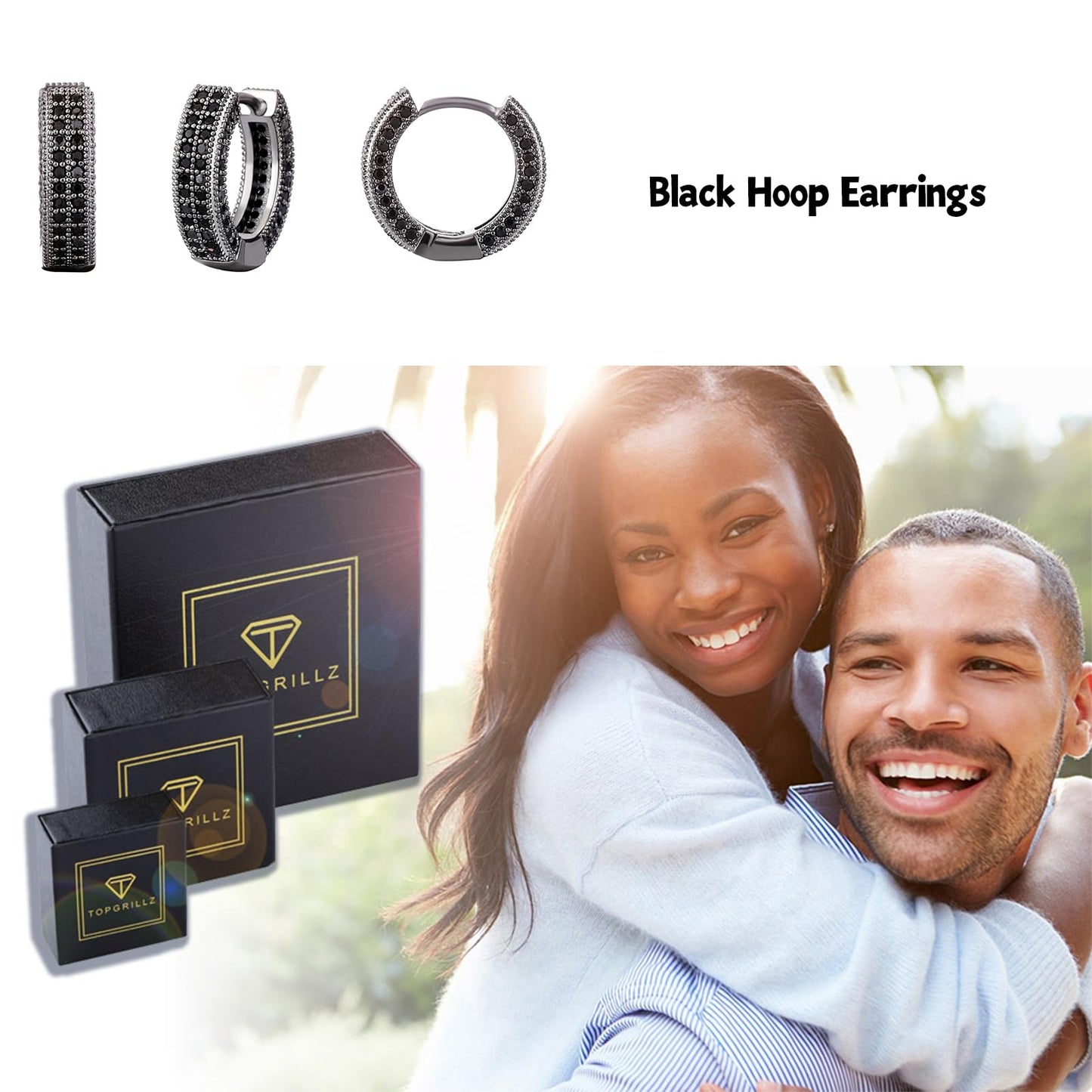 TOPGRILLZ Iced Out Hoop Earrings Cubic Zirconia Huggie Cartilage Cuff Hypoallergenic 14K Gold Plated Luxury Fashion Round Circle Earrings For Men Women-05Black