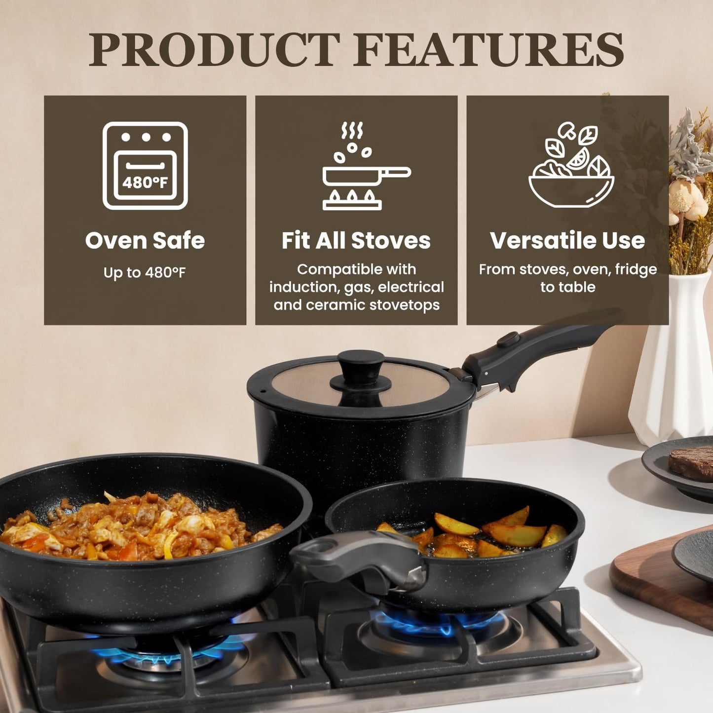 KIKCOIN Pots and Pans Set, 30 Pack Nonstick Cookware Set Detachable Handle, Induction RV Kitchen Cooking Set with Removable Handle, Frying Pans, Casserole - Dishwasher/Oven Safe, PFOA Free