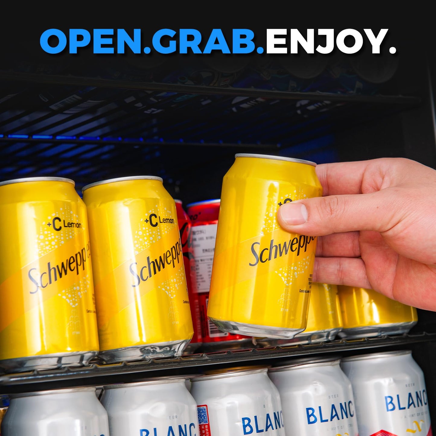 BINGERMA Under Counter Beverage Refrigerator 4.0 Cu.Ft, Glass Door Drink Fridge with Blue LED Light and Adjustable Temperature for Soda, Beer and Cans, Compact Mini Bar for Kitchen and Office