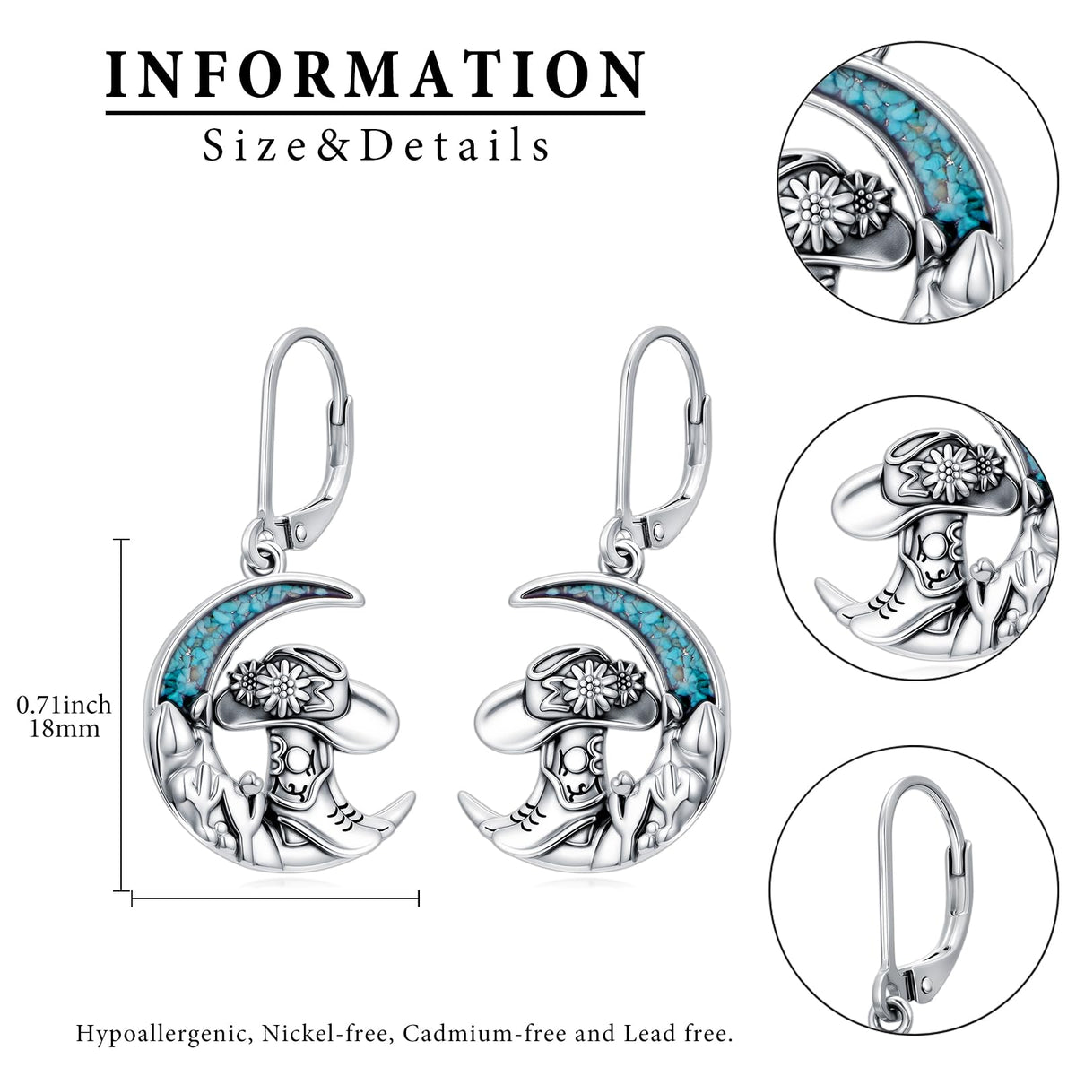 YYmqmq Western Cowboy Boot Earrings for Women 925 Sterling Silver Moon Dangle Leverback Earrings Turquoise Western Jewelry Gifts for Women Cowgirl Lovers