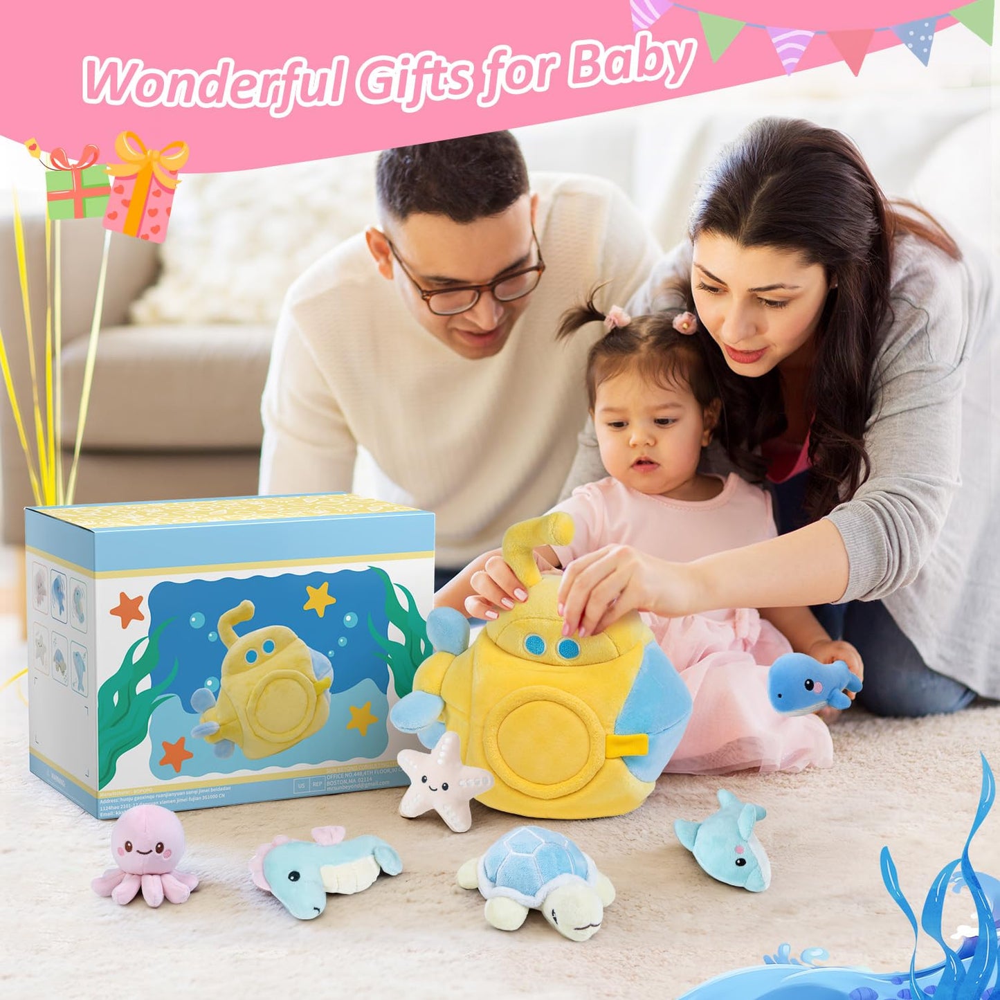 bopopo Submarine & Ocean Animals Baby Toys 6-12 Month, Sensory Toy Set with Whale, Dolphin, Starfish, Octopus, Turtle, Seahorse, Soft Montessori Toys for Infants 0-3