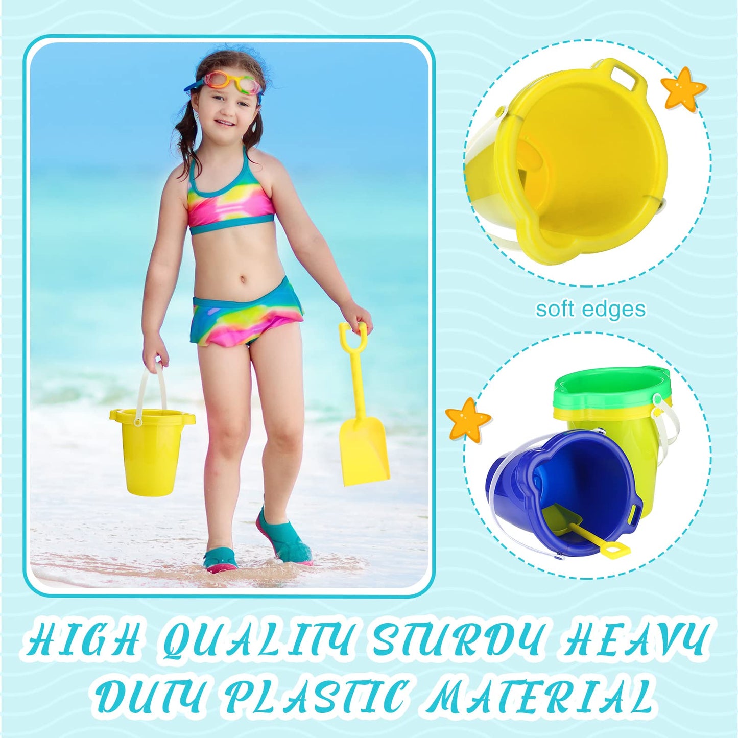 Didaey 7.5 Inch Beach Buckets and Shovels Plastic Sand Pails Castle Building Sand Shovel for Boys and Girls Summer Beach Toys Party Favors(12 Set)