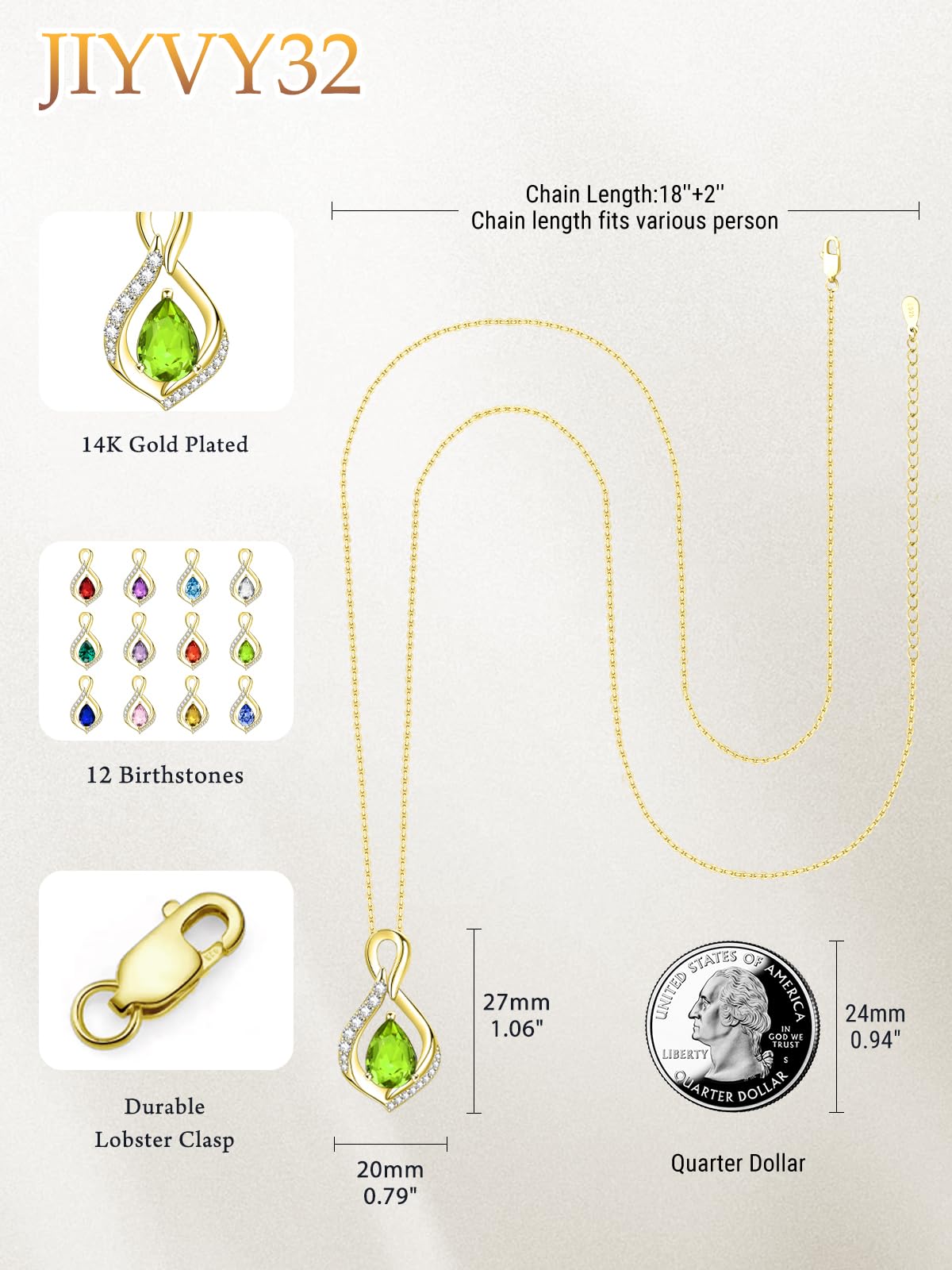 JIYVY32 Peridot Infinity Necklace for Women August Birthstone Necklaces 14k Gold Plating Anniversary Birthday Gifts for Wife Her Mom Girlfriend Birthstone Jewelry Gifts for Women