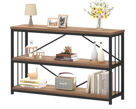 IBF 3 Tier Bookshelf Storage Organizer, Industrial Short Wide Open Horizontal Bookcase, Farmhouse Low Wood Metal Book Shelf for Office, Modern Vintage Etagere in Bedroom Living Room, Rustic Oak, 47 In