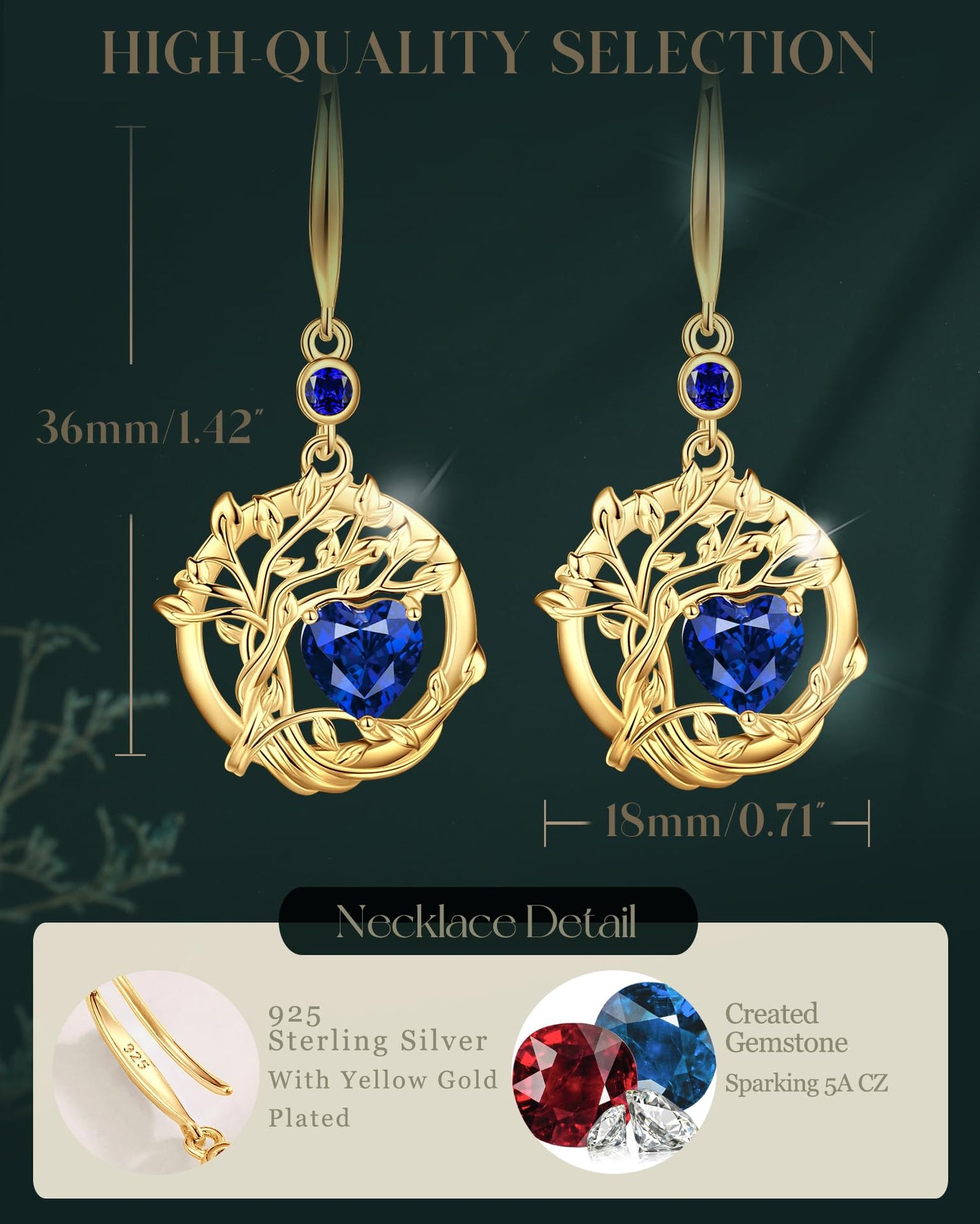 FANCIME Tree of Life Earrings 925 Sterling Silver Yellow Gold Plated Sapphire Dangle Drop Blue Gemstone Earring September Birthstone Fine Jewelry Birthday Mothers Day Gifts for Mom Her Women