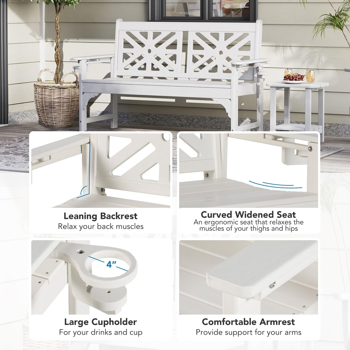 LOENIY Oversized Outdoor Bench with Cup Holders, 51.5” HDPE Aesthetic Garden Bench for 2 Person, Memorial Benches - Easy Assembly & All Weather, for Porch & Patio, 800lbs Load Capacity (White, 1pc)