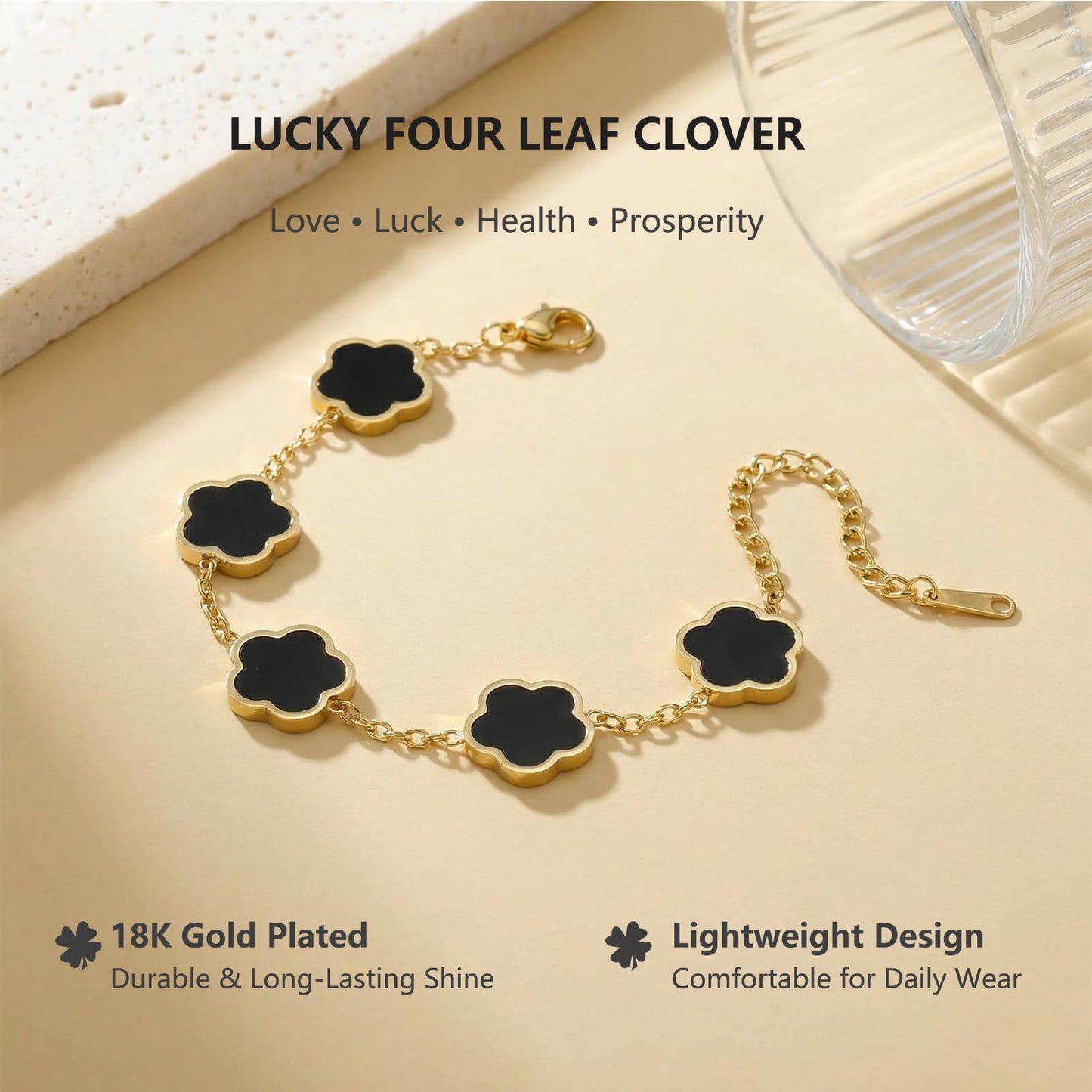 Eclatienne Four Leaf Clover Bracelet for Women – 18K Gold Plated Stainless Steel Lucky Bracelet, Adjustable 4 Leaf Charm Jewelry Gift (Black Floral)