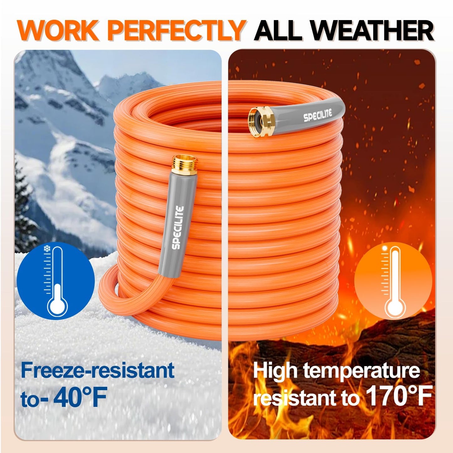 SPECILITE 5/8'' Heavy Duty Rubber Garden Hose 50FT, 1200psi Burst, 300psi Working, Hot/Cold Water Hose, -50℉ -170℉, 5 Layered Pipe, UV Resistant, 3/4" Brass Fittings for Outdoor, Agriculture