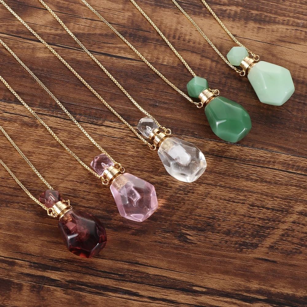 14K Yellow Gold Natural Stone Vial Necklace For Women - Glass Vial Pendant Necklace Water Drop Jar Perfume - Water Container For Liquid Oil Diffuser Jewelry