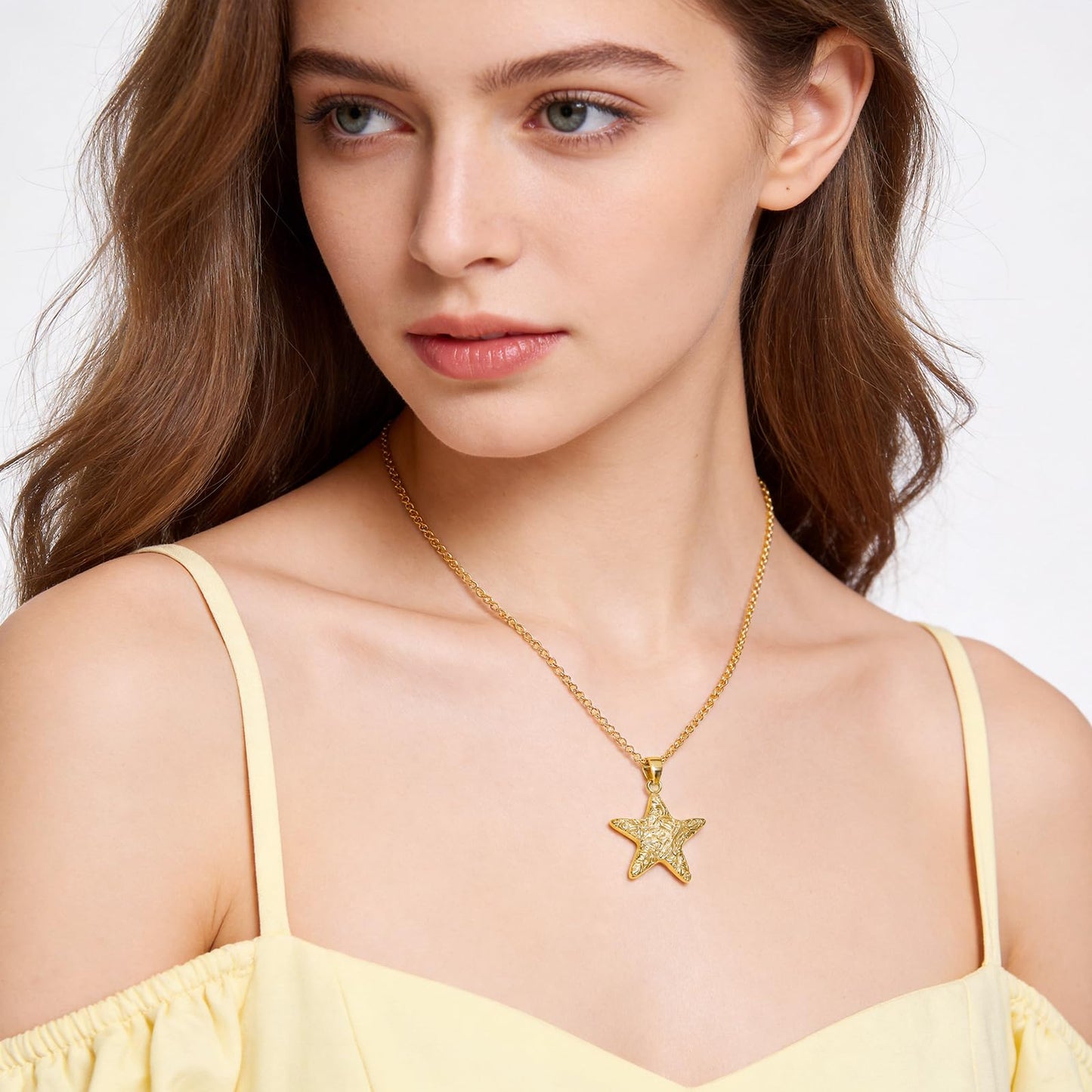 NEKOL Gold Starfish Pendant Necklace for Women, 14k Gold Plated Cute Textured Sea Star Necklace Shining Starfish Statement Necklace Party Summer Beach Ocean Jewelry Gift