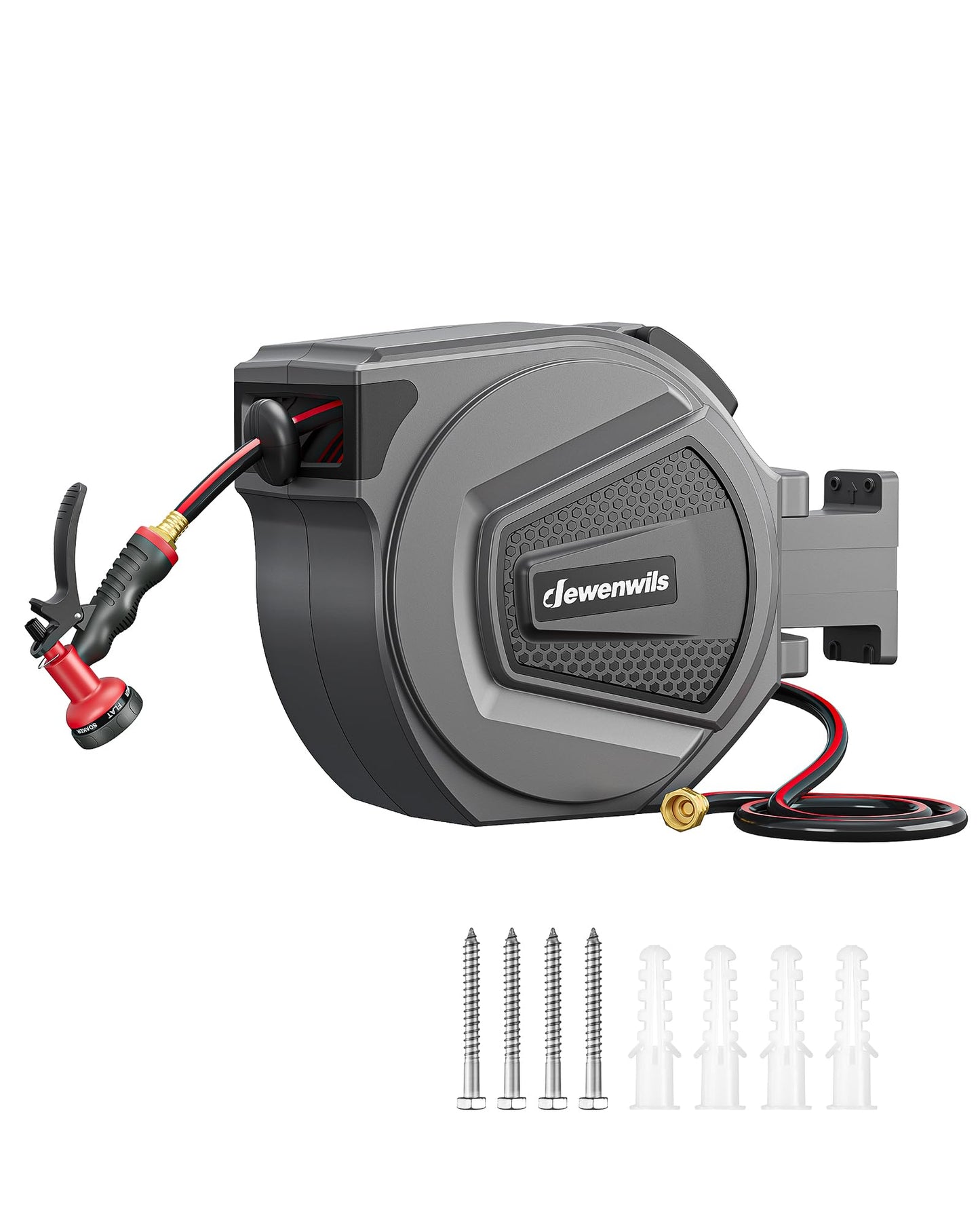 DEWENWILS Retractable Garden Hose Reel, 1/2" Wall Mount Hose Reel, 8-Pattern Nozzles, Any Length Lock, 180° Swivel Bracket, Weatherproof Water Hose Reel for Outdoor Watering, Dark Gray + Black (100FT)