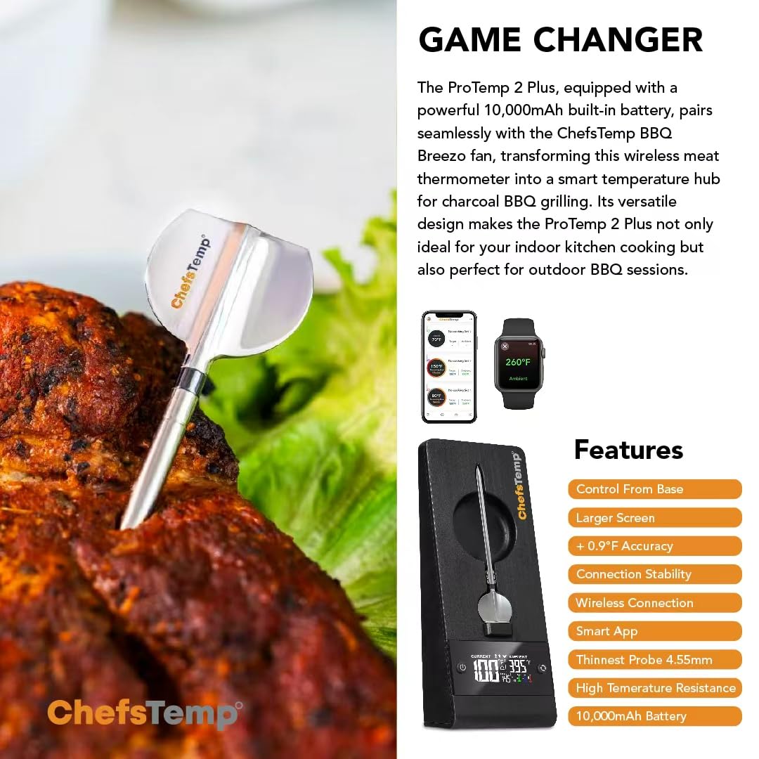 ChefsTemp ProTemp 2 Plus Needle Probe Wireless Meat Thermometer with Temperature Controller Unlimited Range Bluetooth & WiFi Enabled Smart Cooking Smoker Grilling BBQ Oven Kitchen (Stand + 1 Probe)