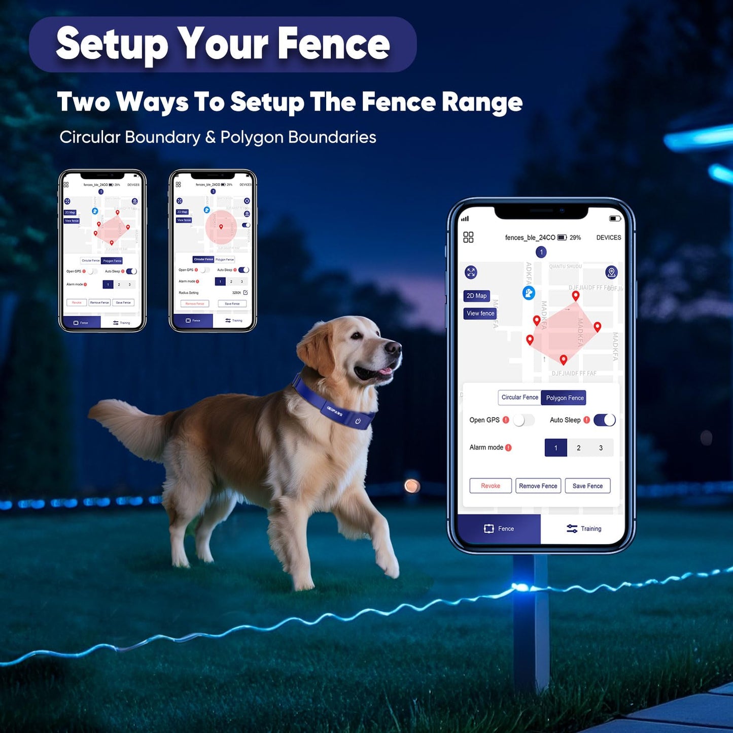 GPS Electric Dog Fence with Free App, Wireless Fence System with Training Collar, Adjustable of Dogs Portable Fence for Outdoor Use, Rechargeable Waterproof Flexiable Collar, (Blue)