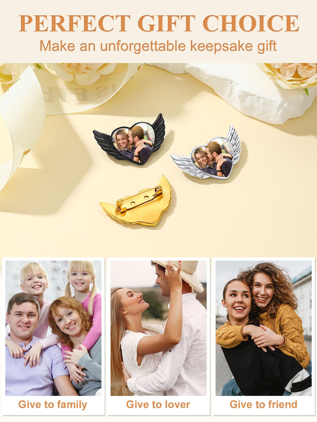 Custom4U Angel Wings Picture Broochs Wedding Bouquet Pin for Bride Name Engraved Memorial Charm for Women Men Father