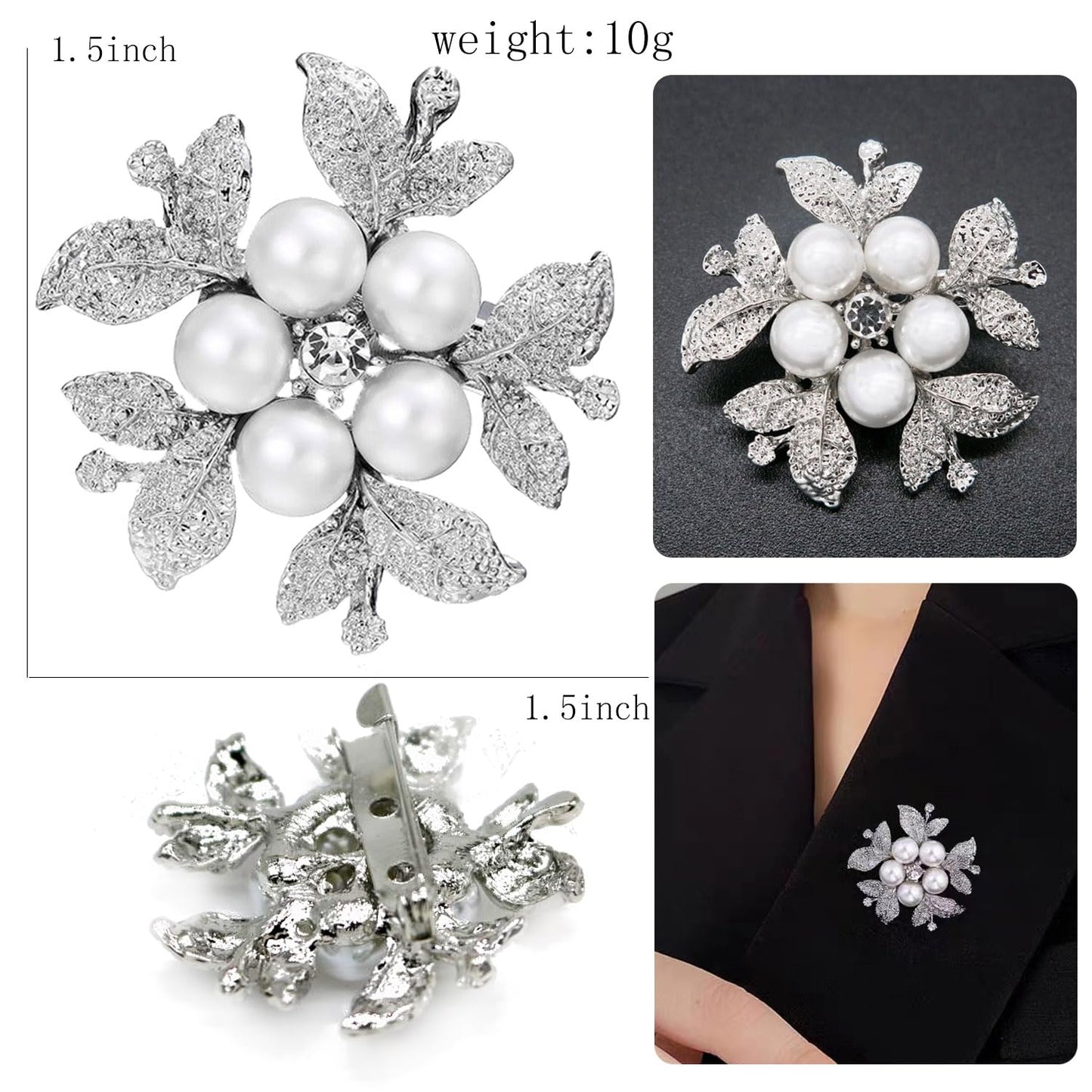 Flower Crystal Brooches Pins Fashion Beautiful Created Rhinestone Floral Brooch Good Idea for Party Dance Wedding Banquet for Elegant Women Girl (Silver Pearl Flower)