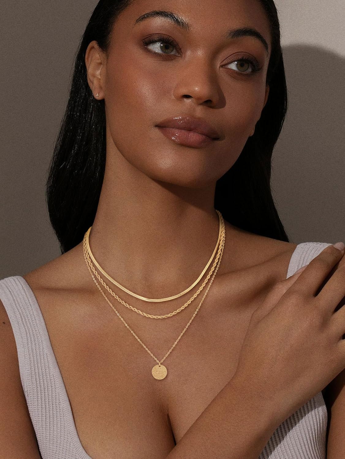 CHESKY Layered Necklace for Women Trendy,Dainty 14K Gold Plated Bar Disc Pendant Necklace Simple Snake Rope Chain Gold Jewelry Set for Women Gifts