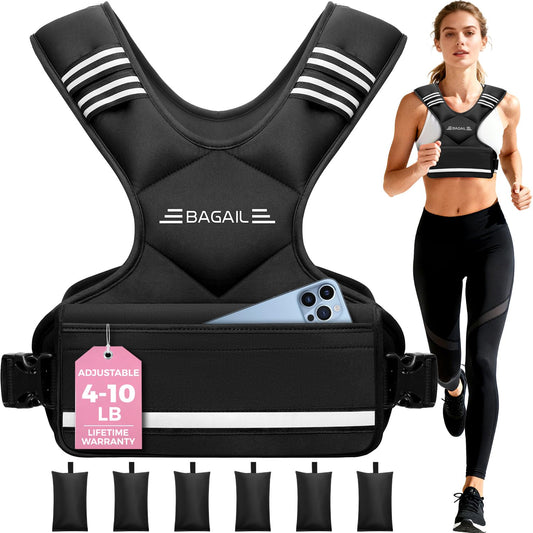 BAGAIL Adjustable Weighted Vest for Women 4-10lb, Comfortable U-Neck Rucking Vest with 6 Removable Weights, Storage Pocket and Reflective Strips for Walking, Jogging, Weight Loss & Home Workouts
