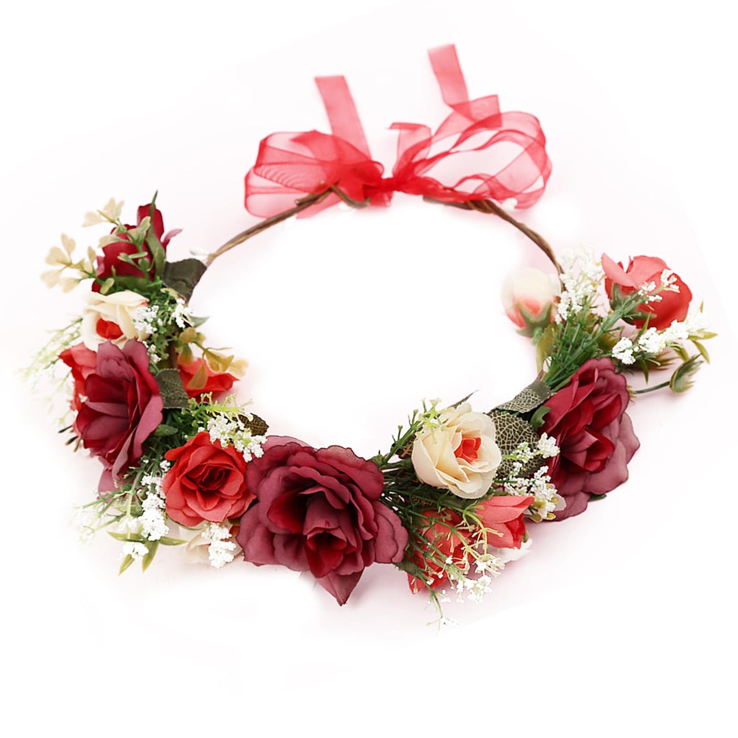Lopsity Women Rose Floral Flower Crown Headband Rose Halo Wreath Wedding Bridal Hair Garland Ajustable Flower Hair Wreath (RED)