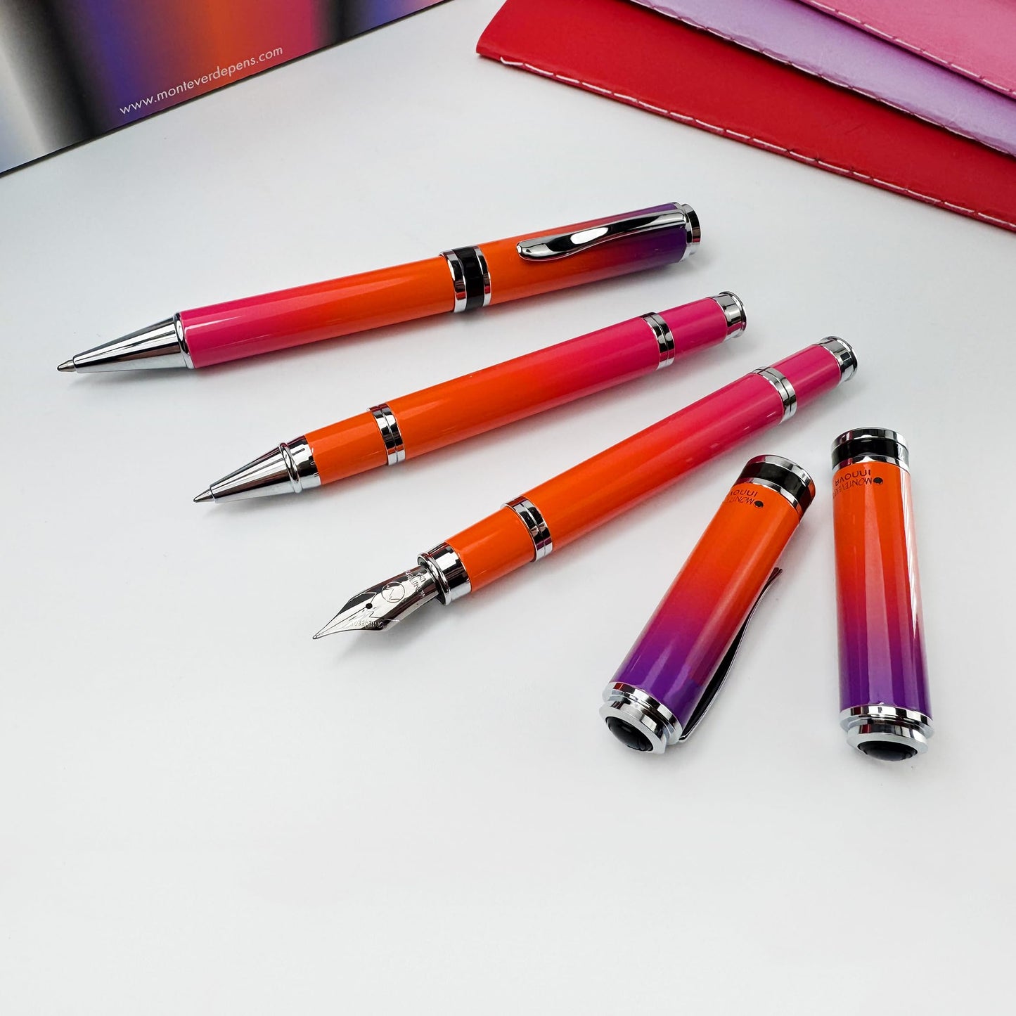 Monteverde USA Innova Ombre Fusion Harmony (Purple/Orange/Pink Gradient Finish) Fountain Pen - Stub Nib, Refillable, Gift Case, Luxury Pen