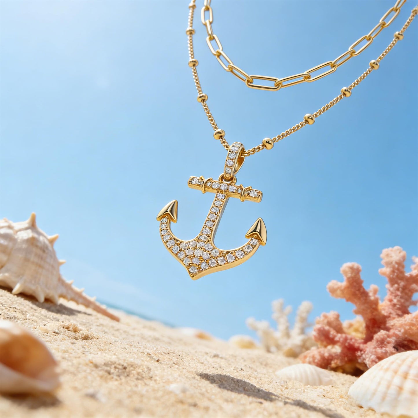 MEVECCO Gold Layered Choker Necklace for Women, 18K Gold Plated Dainty CZ Anchor Pendant Minimalist Paperclip Double Layer Necklace for Jewelry
