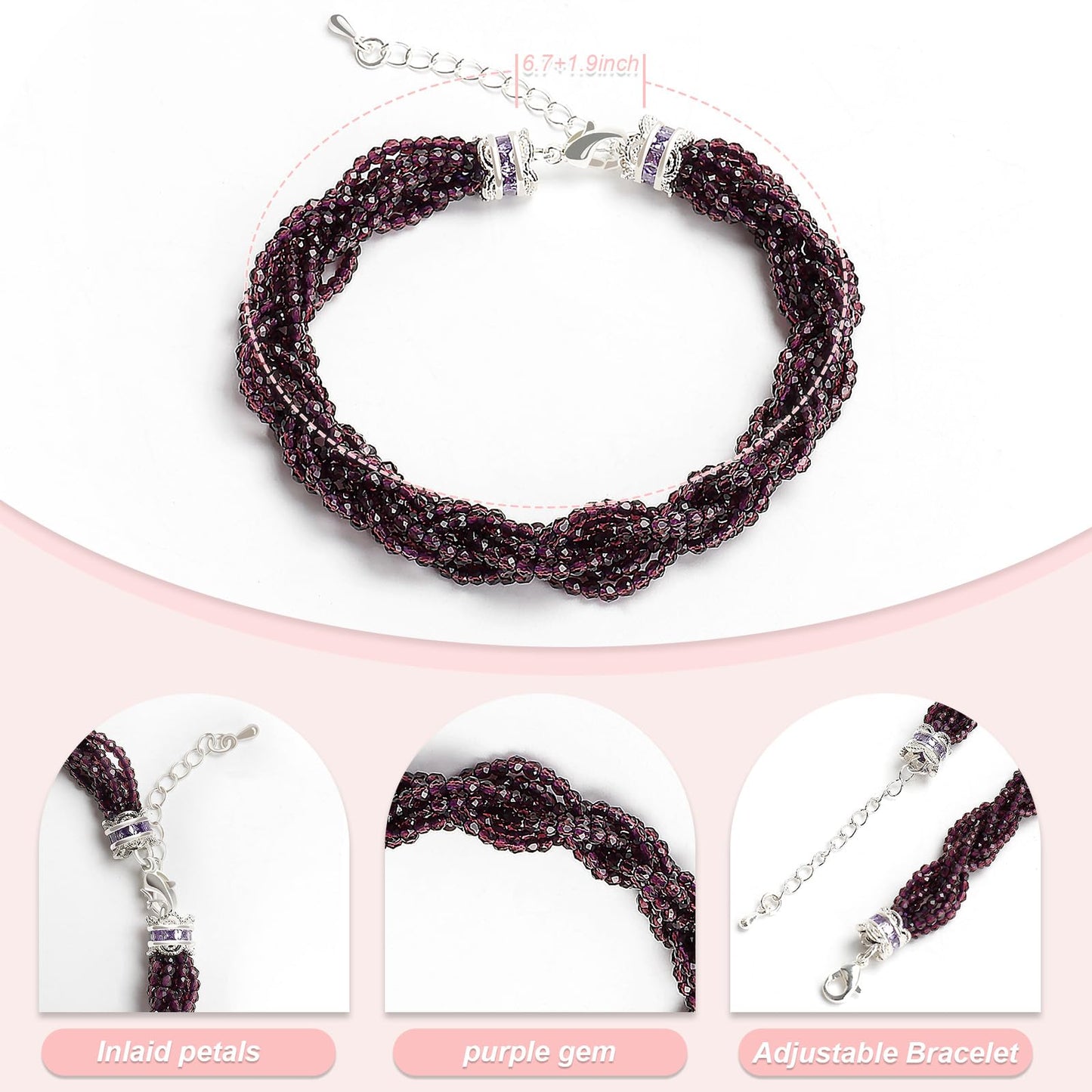 Oilcnik Purple Healing Crystal Charm Bracelet – Trendy Adjustable 7–10″ Dainty Jewelry, Perfect Friendship Bracelet & thoughtful gifts for women.