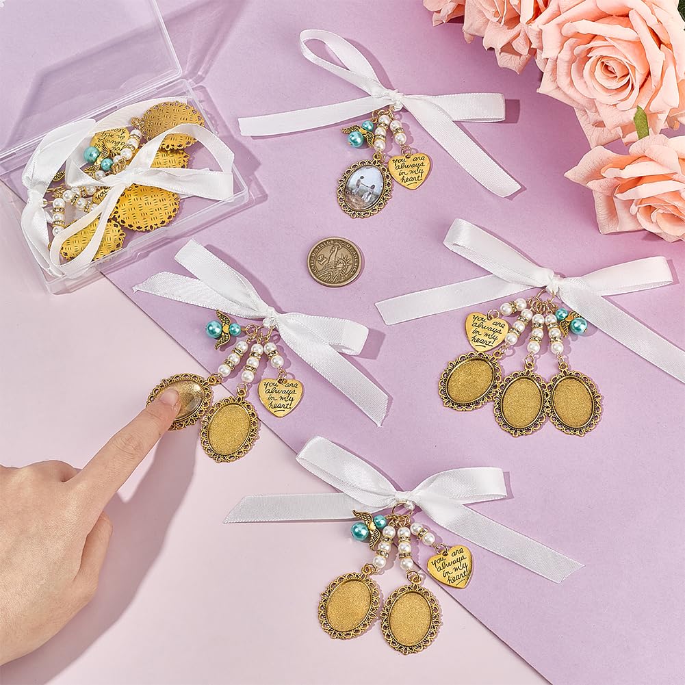 UNICRAFTALE 6Pcs Wedding Bouquet Photo Charms Antique Golden DIY Pin Brooch Making Kit with Heart Charm Blank Metal Oval Clear Glass Cabochons Holds 3 Pictures for Photo Charm Wedding Party