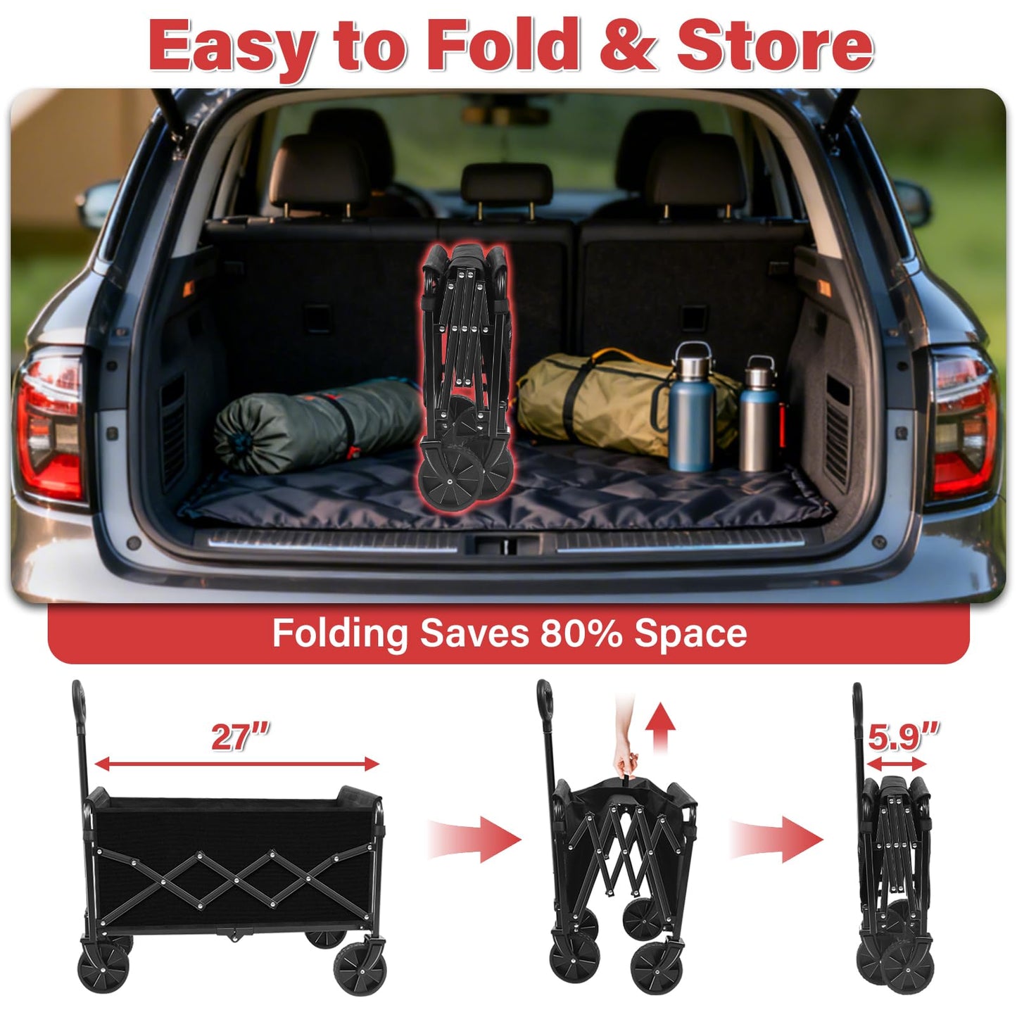 Collapsible Folding Utility Wagon Cart with Wheels, 360 Lbs Heavy Duty Outdoor Foldable Wagon with Adjustable Handle, 2 Drink Holders, Portable Wagon for Groceries, Garden, Beach, Camping, Shopping