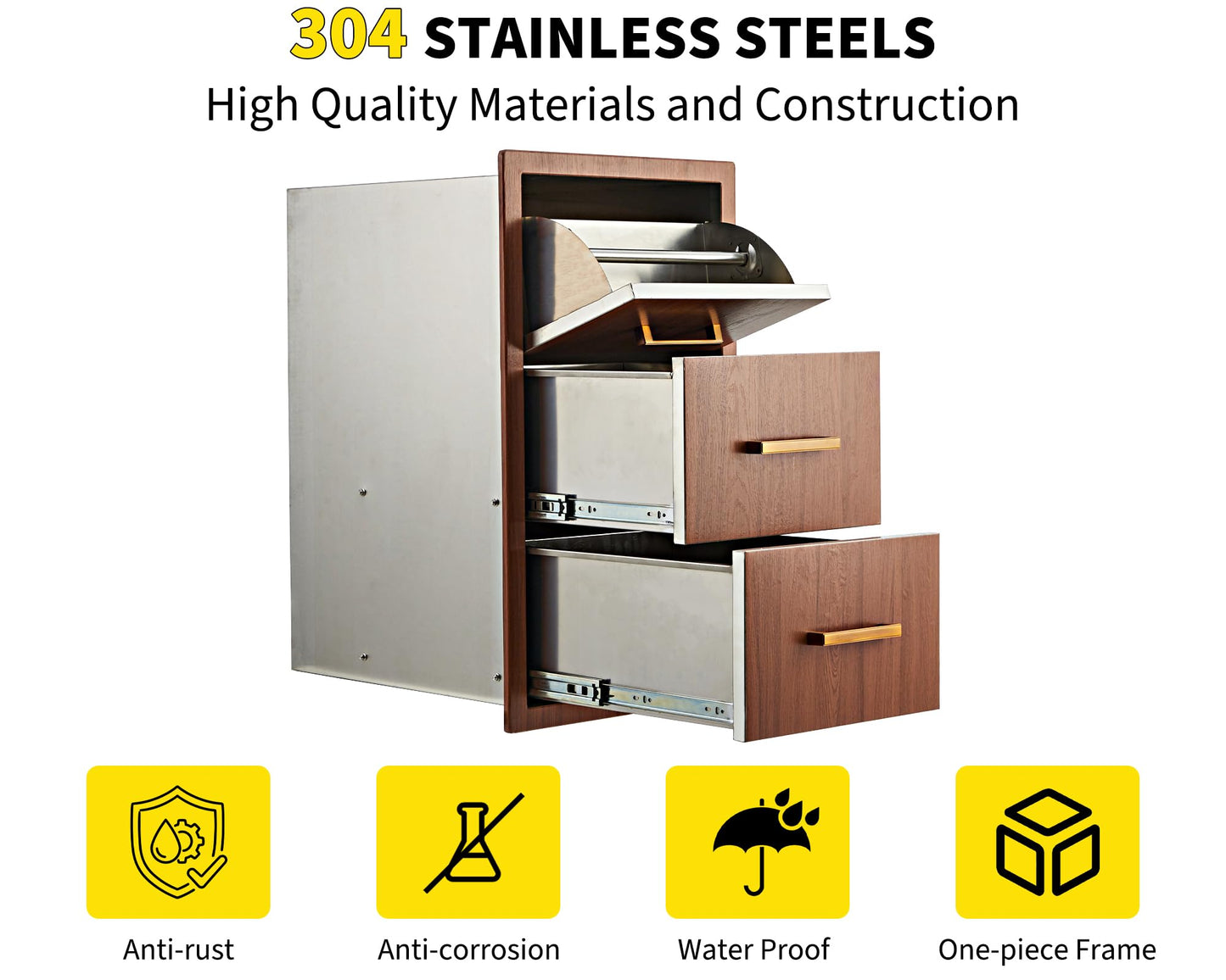 GarveeLife Outdoor Kitchen Drawers, 17" w x 30" h x 21" d Flush Mount Triple Drawers with Paper Towel Rack, 304 Stainless Steel Triple BBQ Drawer for Kitchen Island, Patio Grill Station, Brown Grain