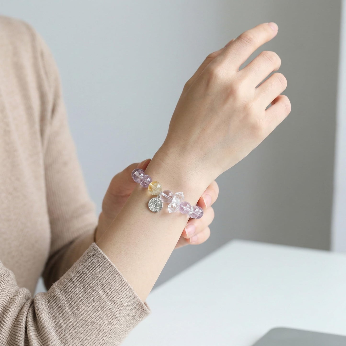 ANNIE WU Natural Crystal Bracelet for Women, Amethyst Citrine Clear Quartz Healing Beaded Bracelet, 925 Sterling Silver Adjustable Stretch Bracelet, 10mm Beads, 17-19cm, Spiritual Energy Jewelry Gift with Premium Box