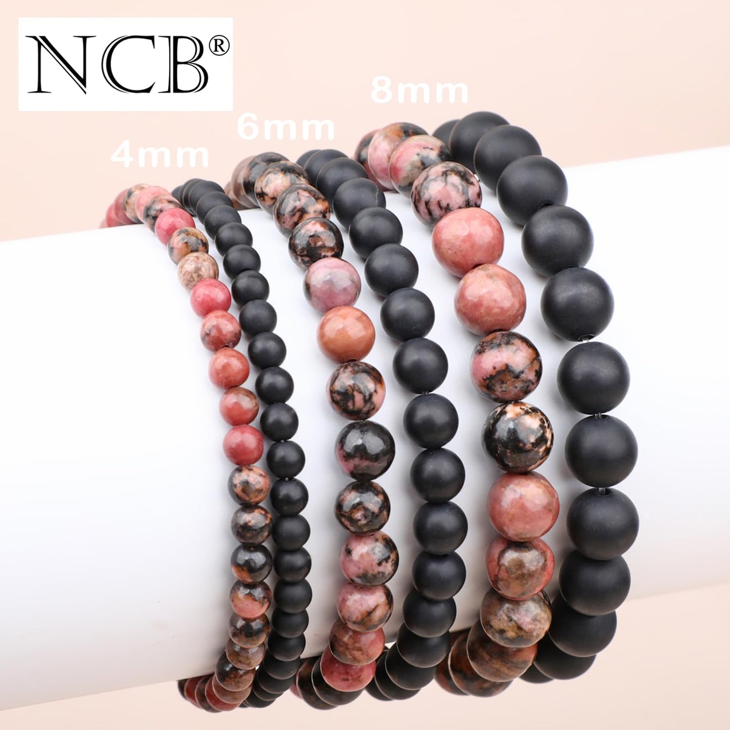 NCB 2-Piece 4mm Natural Crystal Gemstone Stretch Bracelets – ﻿Pink Black Rhodonite, Matte Black Agate Handmade Reiki Energy Healing Jewelry for Meditation,Yoga, Unisex