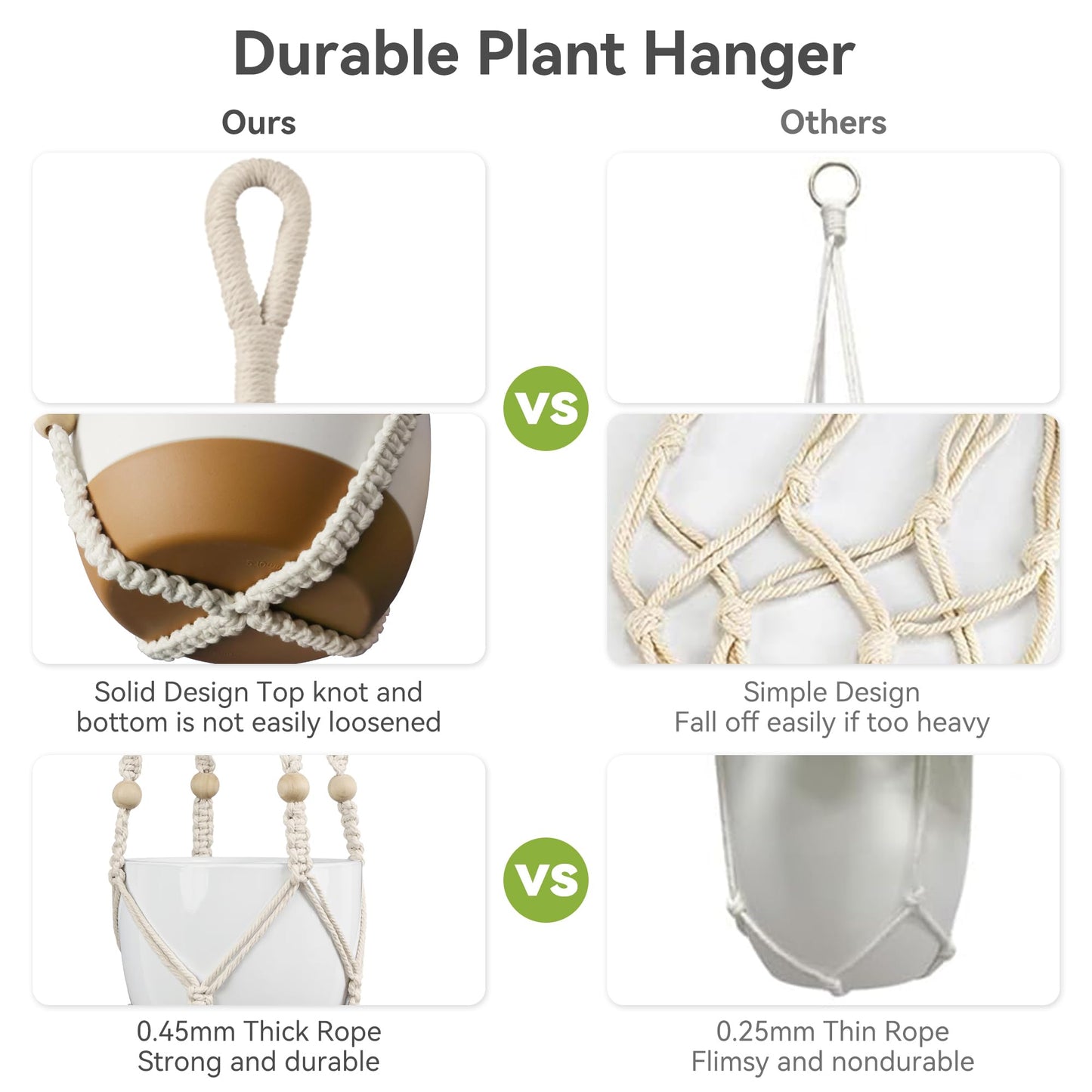 USLAI Macrame Plant Hanger Indoor Outdoor, Fits 4 to 15 Inch Pots, Strong Hanging Planter Holder, Boho Home Decor, 23+29+35 Inch, Ivory (POTS NOT Included)