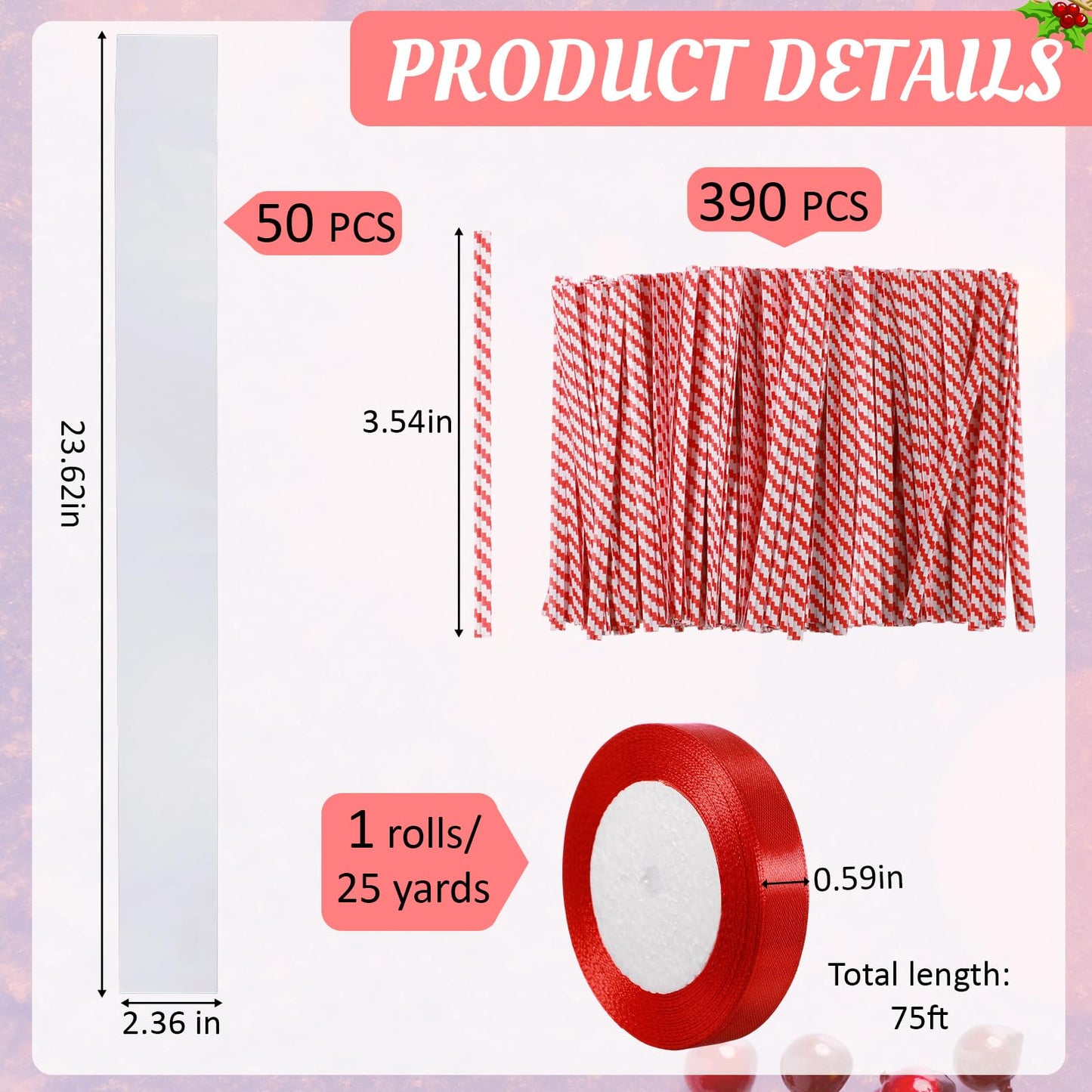 Dunzoom 50/100 Set 2'' x 24'' Christmas Candy Wrapping Gifts Treat Bags Set Plastic Transparent Bags with Twist Tie and Loop of Ribbon for Xmas Party Favors Chocolates Candy Wreath Making Kit