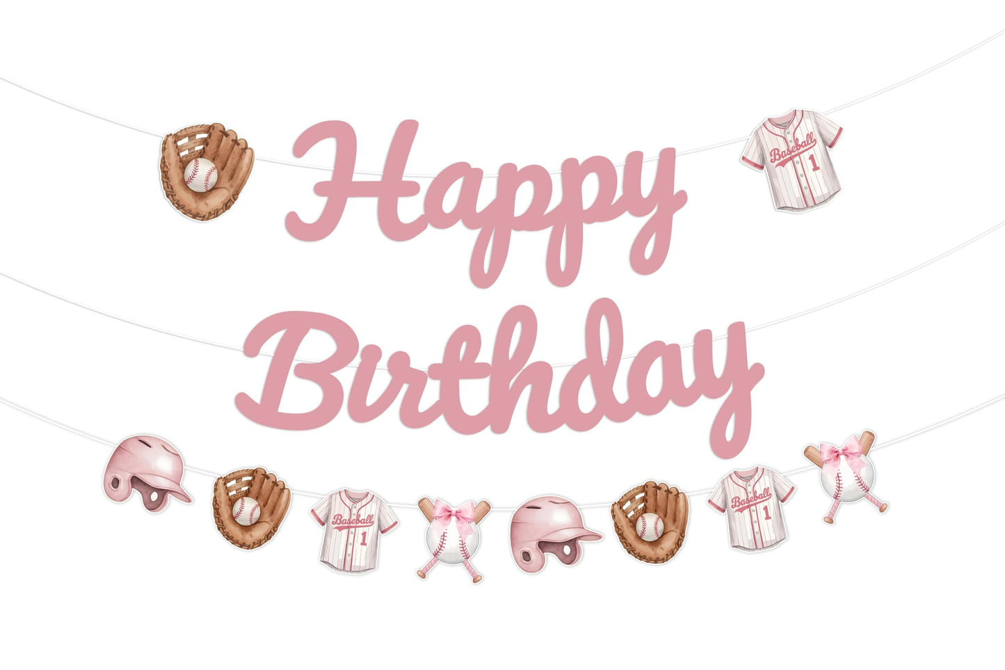 SHADOAMP Baseball Birthday Party Decorations Girl, Pink “Happy Birthday” Banner and Hanging Cutouts - Softball Themed Garland Kit with Gloves, Jerseys, Helmets - DIY Paper Set for Sporty Girl