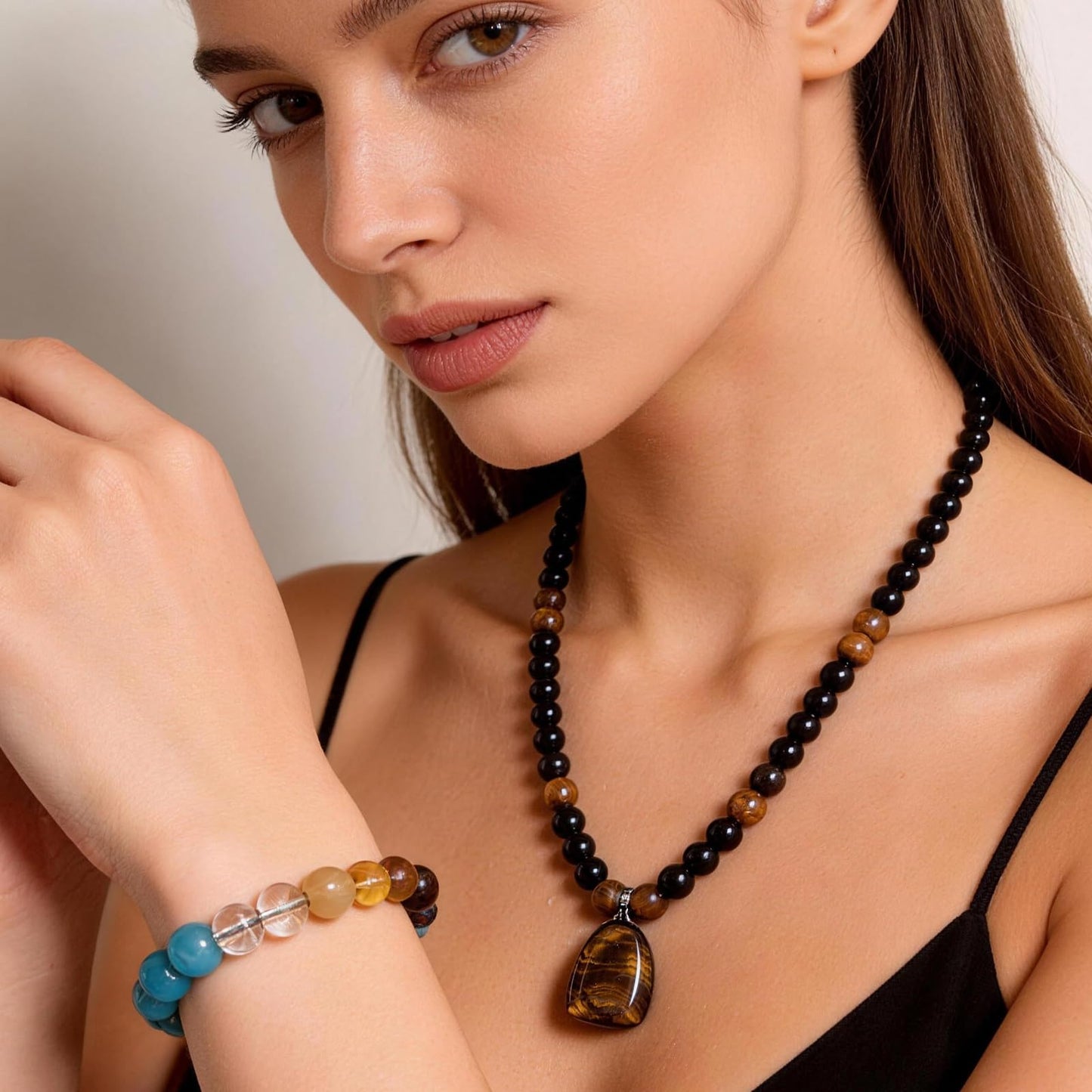 Money Necklace Bracelet Jewelry Set for Women Men Money Attraction Green Beaded Tiger Eye Feng Shui Good Luck Wealth Jade Healing Crystal Stone Long Sweater Chain Anniversary Vacation Jewelry Gifts