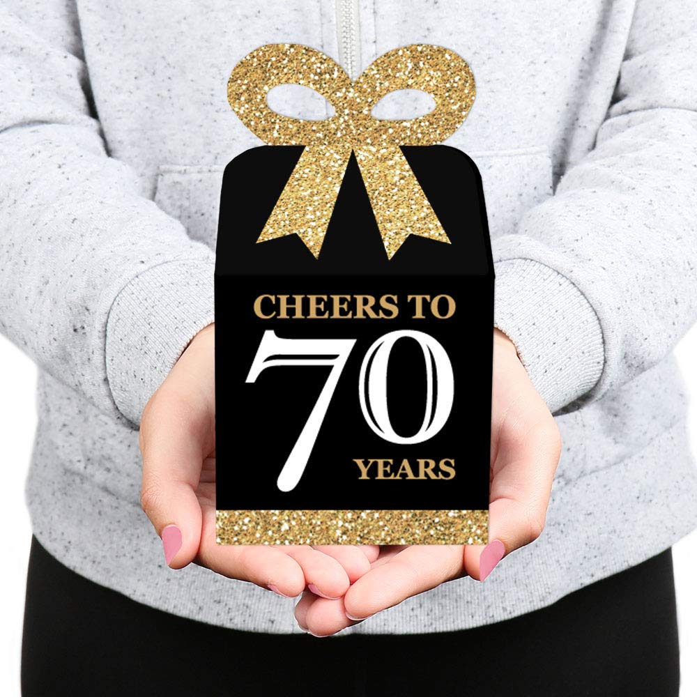 Big Dot of Happiness 70th Birthday Party Favor Gift Boxes - Elegant Gold Square Design with 3D Bow Top - Premium Cardstock Party Supplies for Milestone Celebration, Bow Boxes, Set of 12 Decorative Boxes - 70 Years
