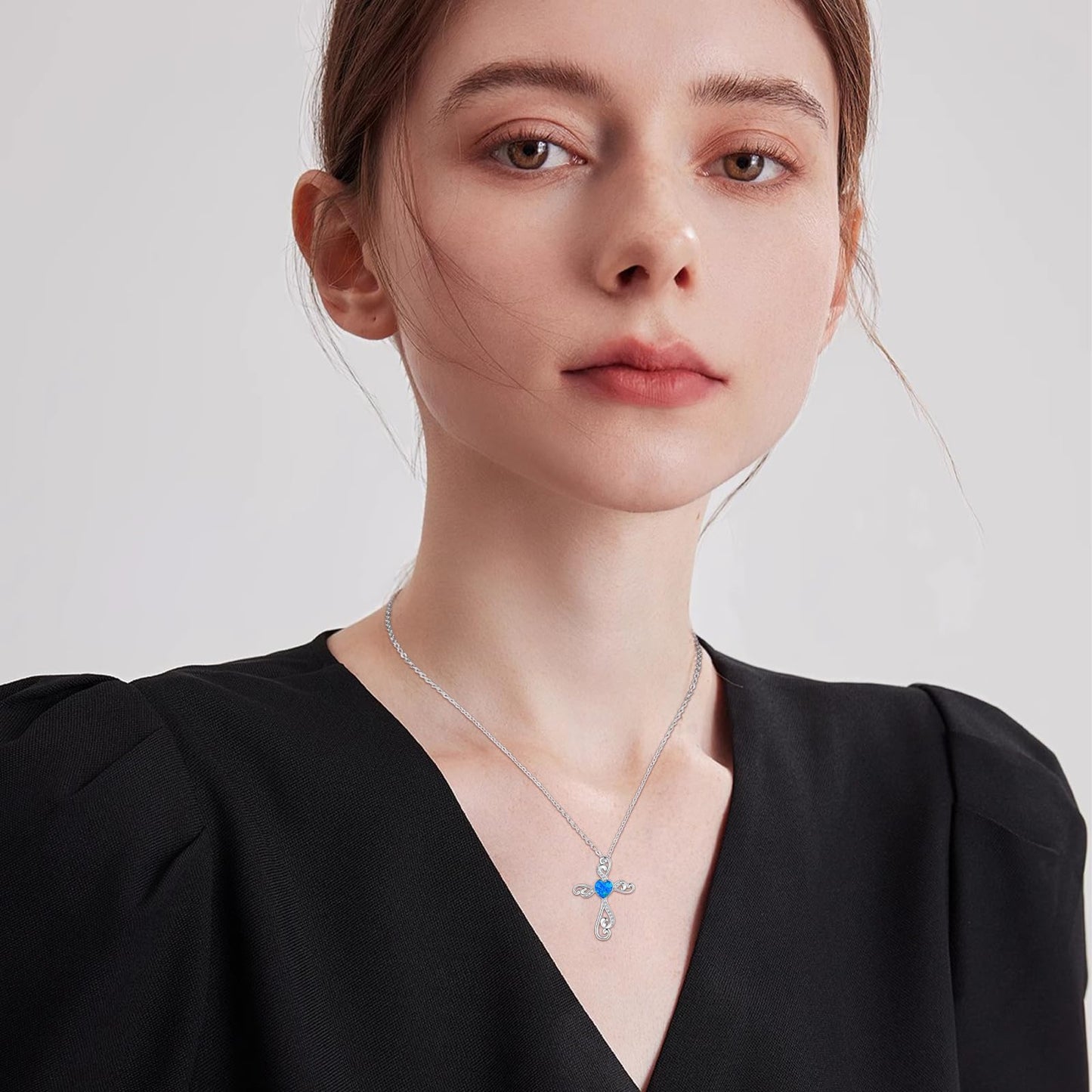 Twoowl Cross Necklace for Women 925 Sterling Silver Blue opal Cross Pendant Religious Necklace Cross Jewelry Gifts Birthday Christmas for Mom