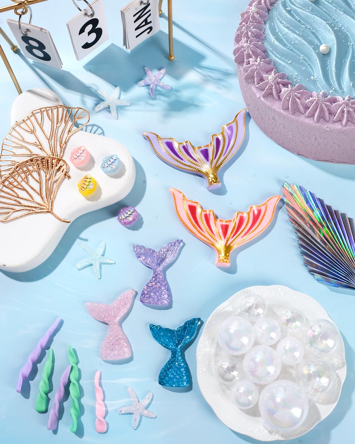 Glavatrix Mermaid Cake Toppers, 40-Piece Under the Sea Cake Decor Set, Seaweed, Bubbles, Tails, Starfish, Shells, Origami, Golden Ginkgo Leaves, for Birthday Mermaid Theme Party Supplies