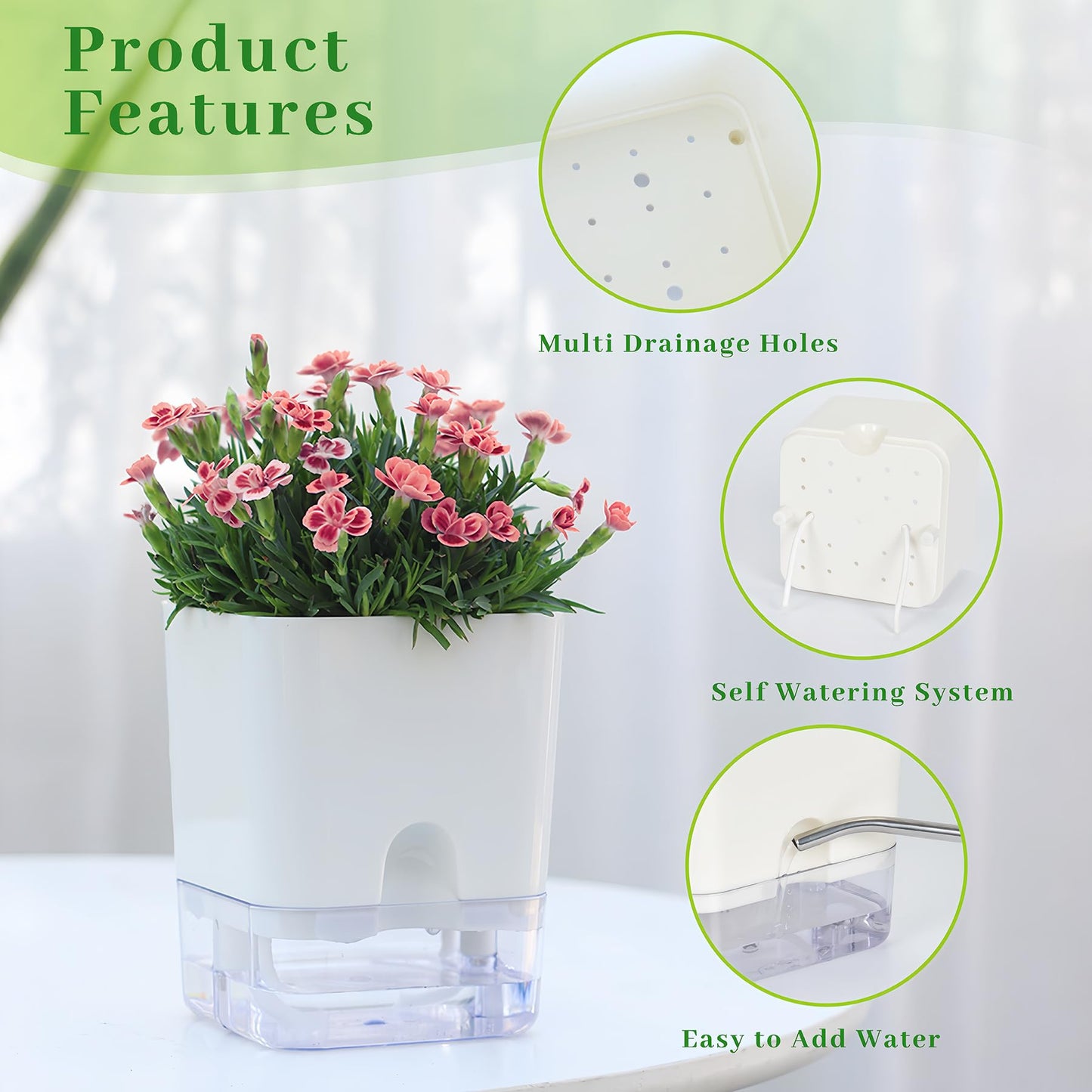 FAMZ Self Watering Planters 4 Pack，Self Watering Pots for Indoor Plants，Automatic Moisturizing，Transparent Square Flower Pot for Indoor and Outdoor Plants，Succulents，Violets，Ivy