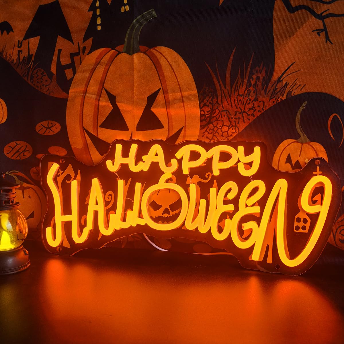 Halloween Neon Sign LED Happy Halloween Neon Light for Wall Decor USB Powered Acrylic Dimmable Pumpkin Light Up Sign for Halloween Decorations Window Home Bar Party Holiday Gifts