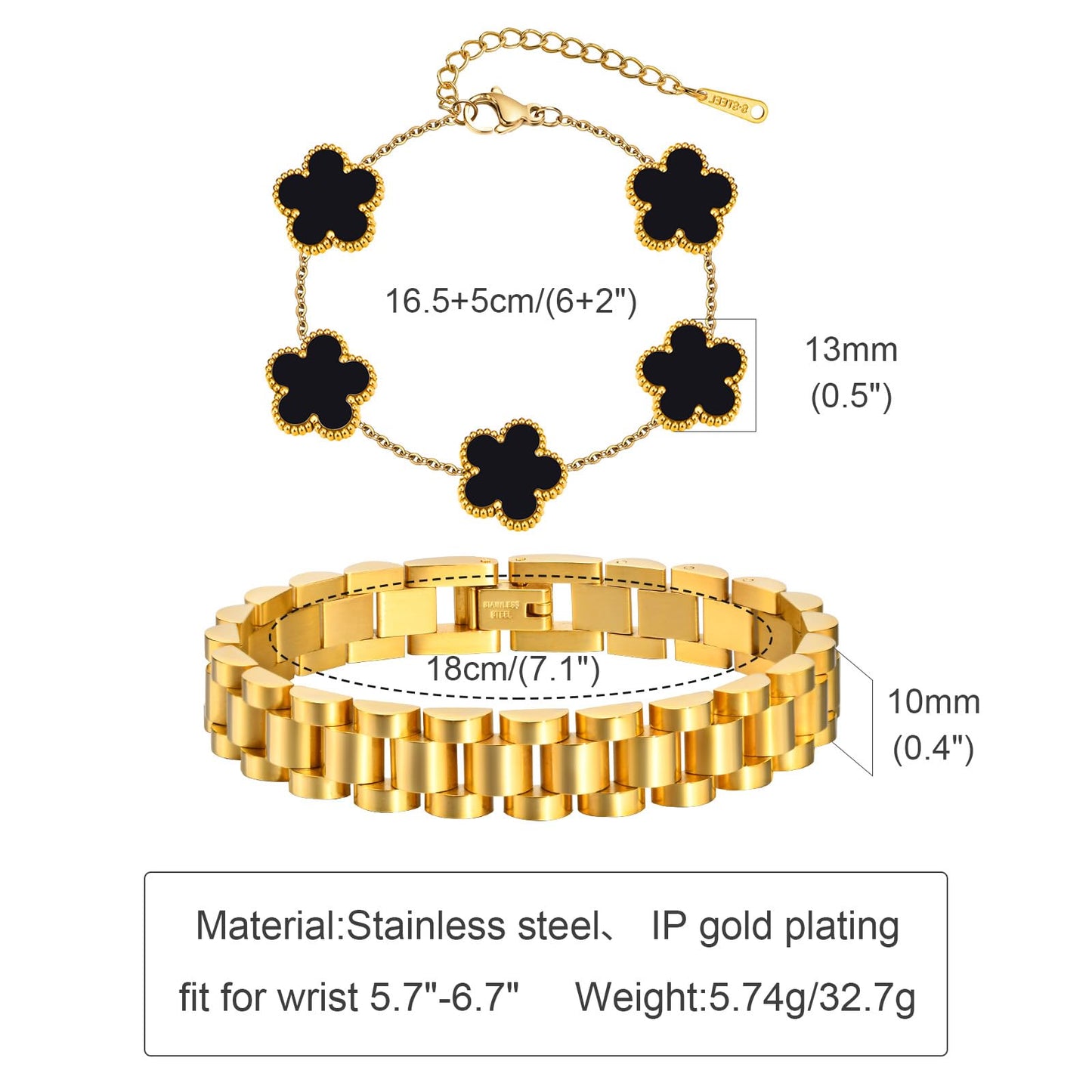 Stackable Gold Floral Bracelets Set , 2pcs 18K Gold Plated Bracelet Non-Tarnish,Stainless Steel Link Chain Friendship Bracelet,Watch Band Trendy Jewelry,Christmas Valentines Birthday Gifts for Women