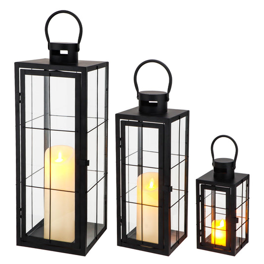 TRIROCKS Metal Candle Lantern Set of 3 - Assorted Sizes (9/15.5/19.5 Inch) - Tall Decorative Hanging Lanterns with Tempered Glass Panels Indoor & Outdoor Home Decor for Parties & Events - Black Finish