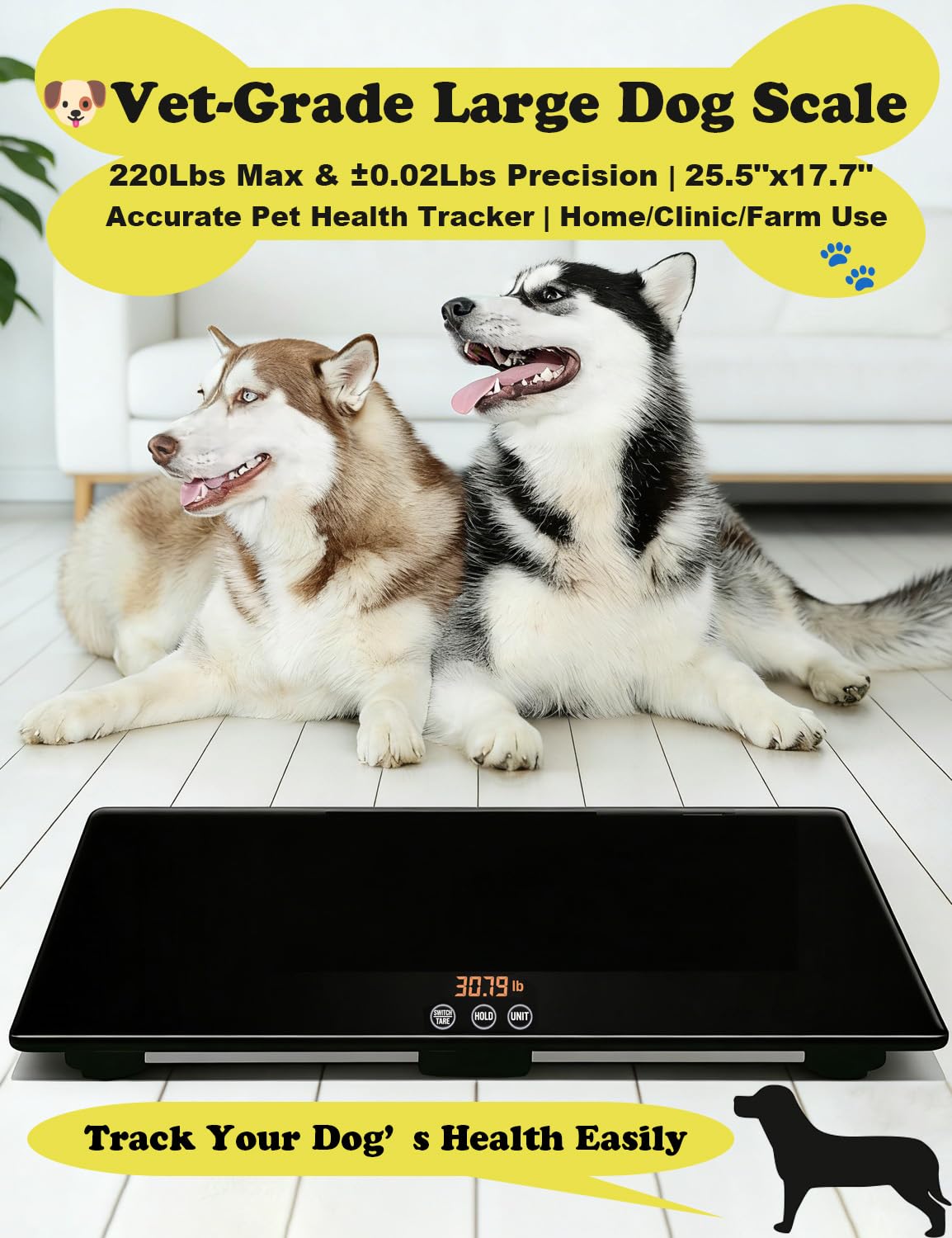 ONE-MI Dog Scales for Large Breed - Heavy Duty 220 Pounds Large Pet Digital Veterinarian Scale, Precision ±0.02lb, Tempered Glass Platform for Animals Packages Luggage, L(25.5inches), Black