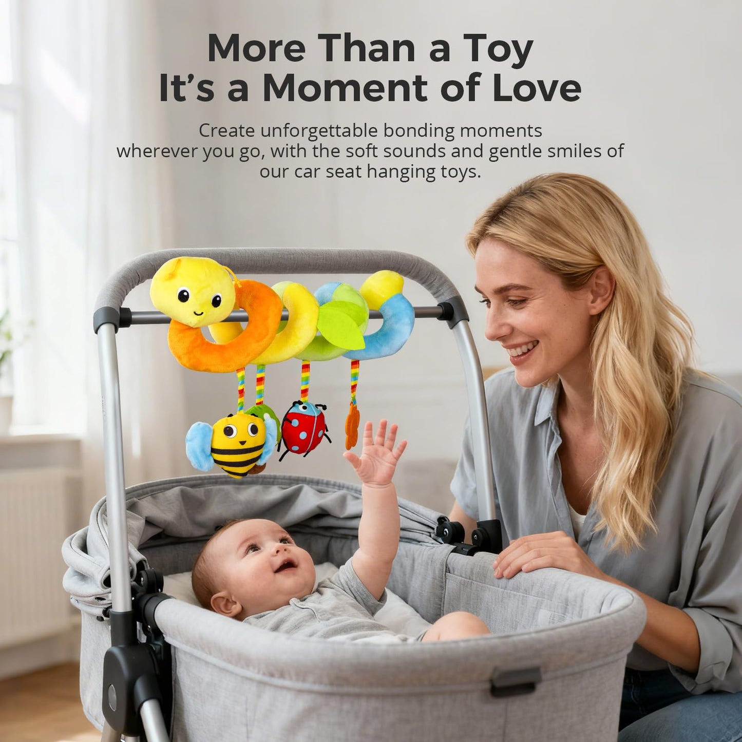 Car Seat Toys for Baby – Colorful Carseat Toys Hanging with Plush Teether & Rattles, Soft Sensory Car Seat Toy and Stroller Toys Set, Baby Car Seat Toy to Entertain and Soothe on The Go