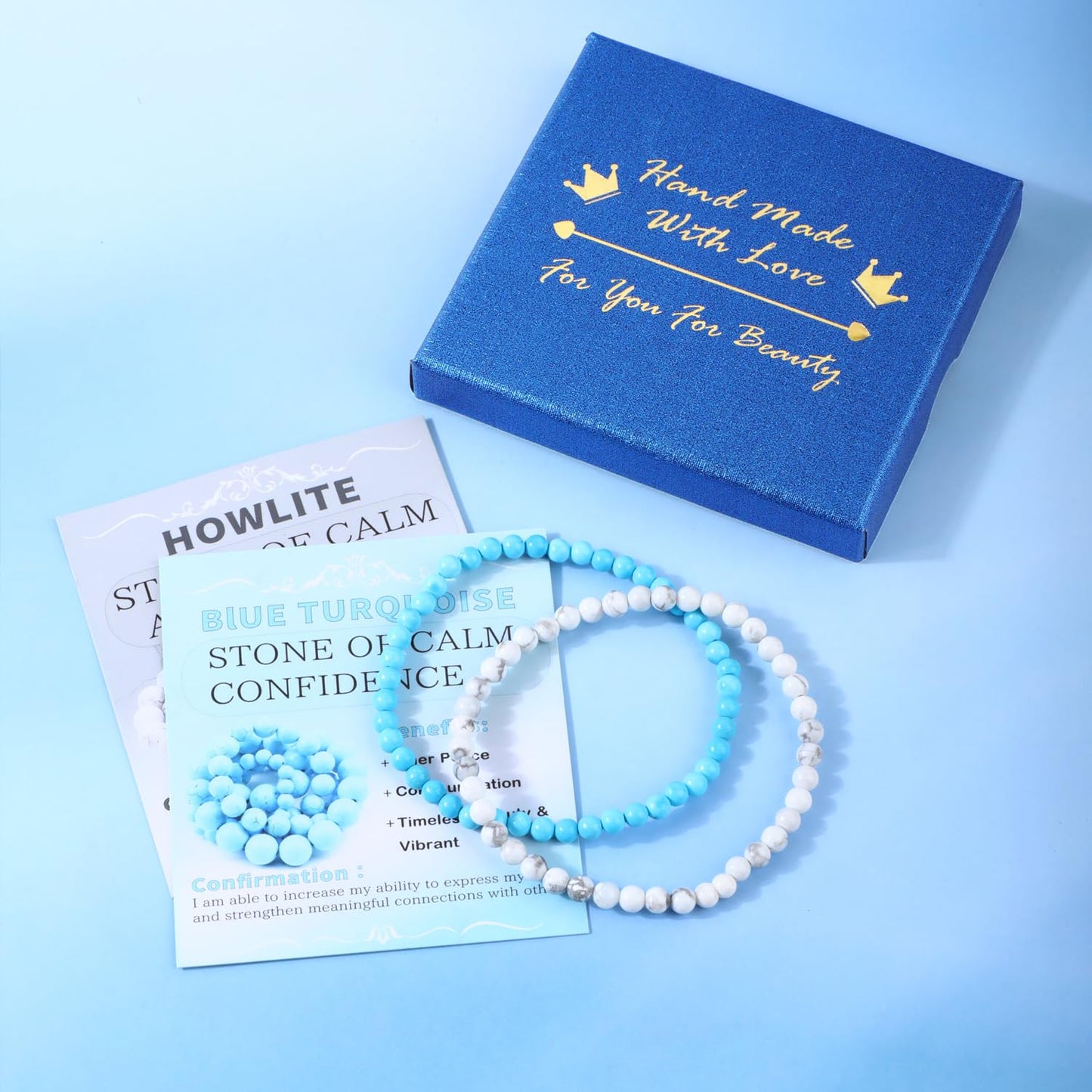 NCB 2-Piece 4mm Natural Crystal Gemstone Stretch Bracelets – ﻿Blue Turquoise, Howlite Handmade Reiki Energy Healing Jewelry for Meditation,Yoga, Unisex