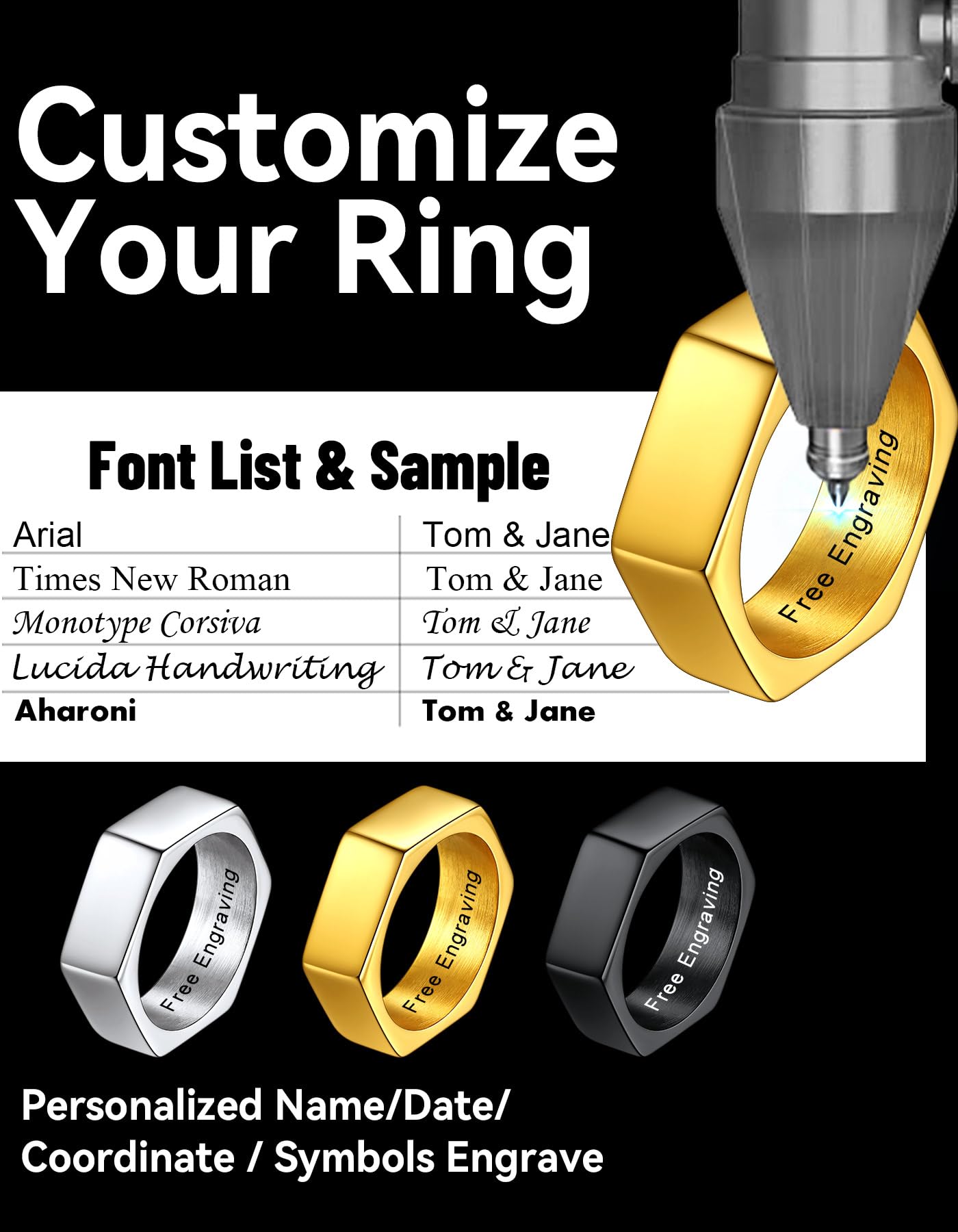 ChainsHouse Personalize Simple Band Rings 18K Gold Plated Geometric Hexagon Biker Ring for Men Women, Size 7